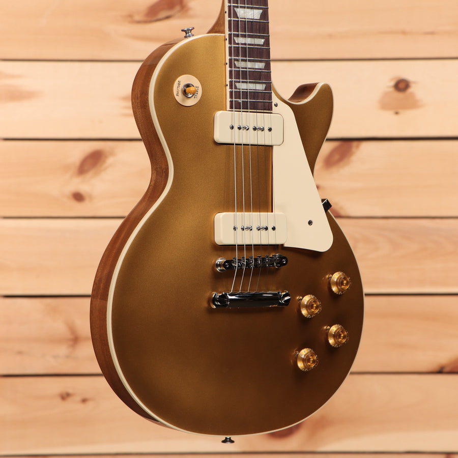 Gibson Les Paul Standard 50s P-90 electric guitar Goldtop finish with dual P-90 pickups and cream binding