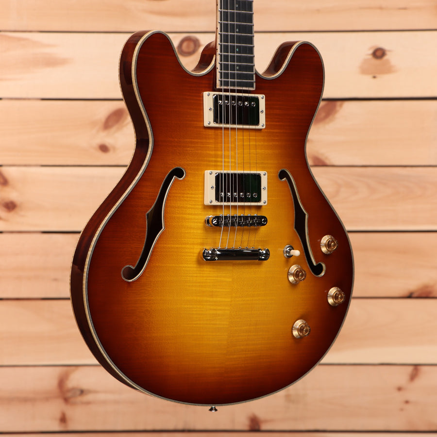 Eastman T186MX semi-hollow electric guitar Goldburst with dual humbucker pickups and f-holes