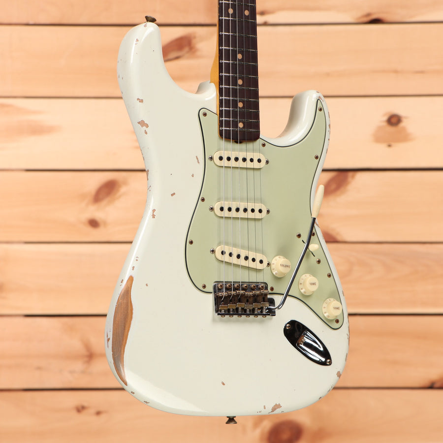 Fender Custom Shop Limited 1964 L-Series Stratocaster Reissue heavy relic aged Olympic White electric guitar with single-coil pickups