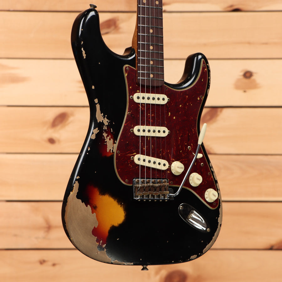 Fender Custom Shop 1961 Stratocaster heavy relic electric guitar aged black over 3-color sunburst with single-coil pickups