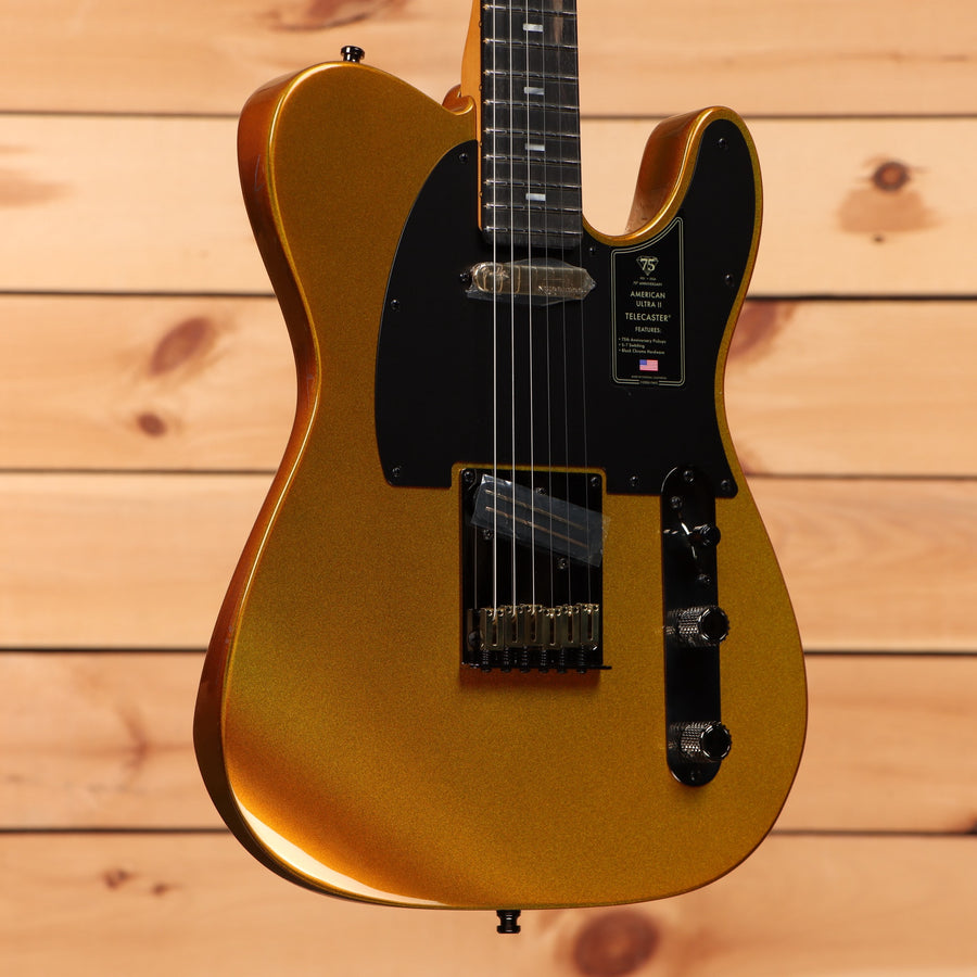 Fender 75th Anniversary American Ultra II Telecaster electric guitar Liquid Gold with black pickguard