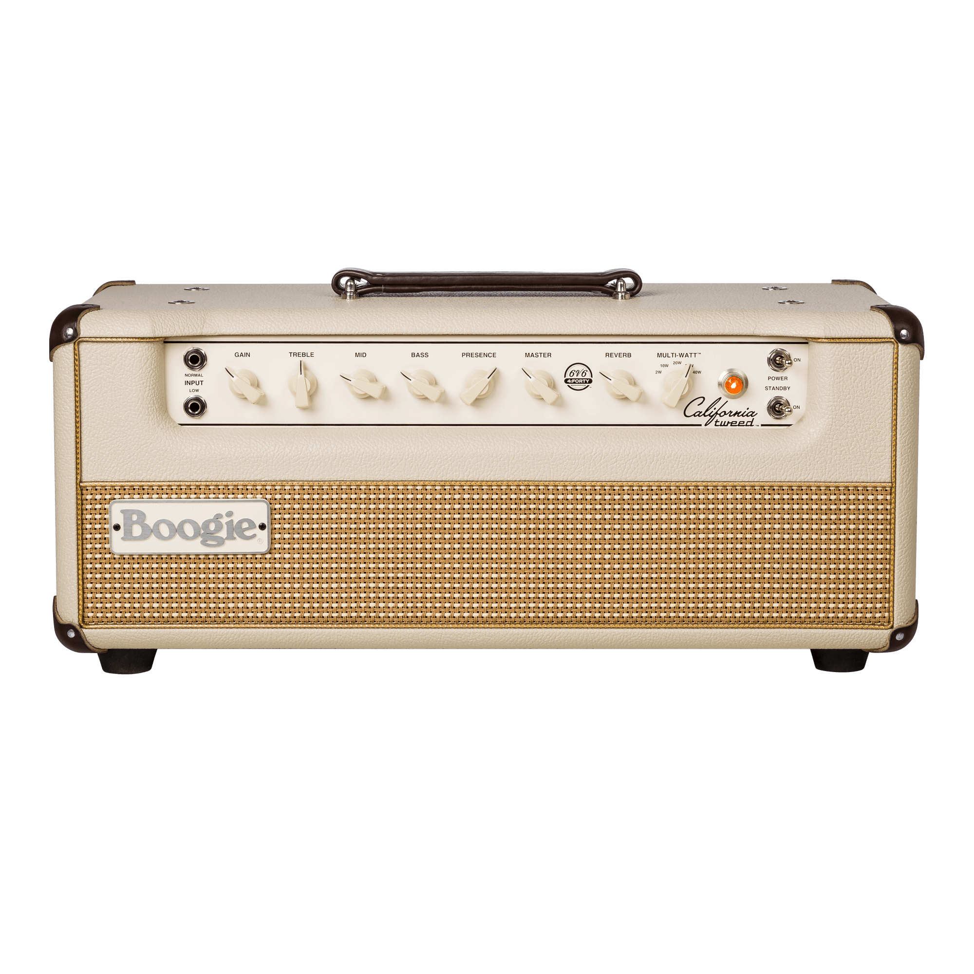 Mesa Boogie California Tweed 6V6 4-40 guitar amplifier head with cream tolex and tan woven grille cloth