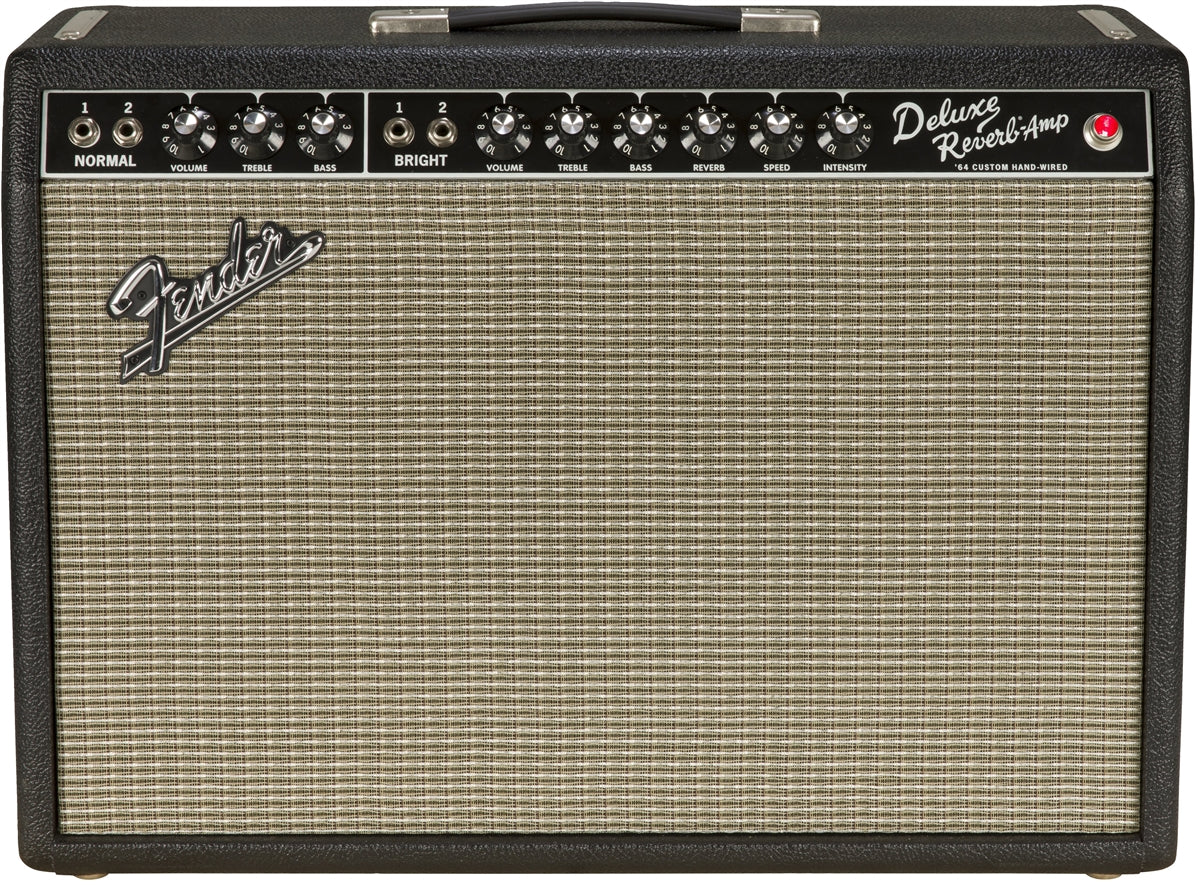 Fender 64 Custom Deluxe Reverb combo amplifier with dual channels and vintage cream tolex finish