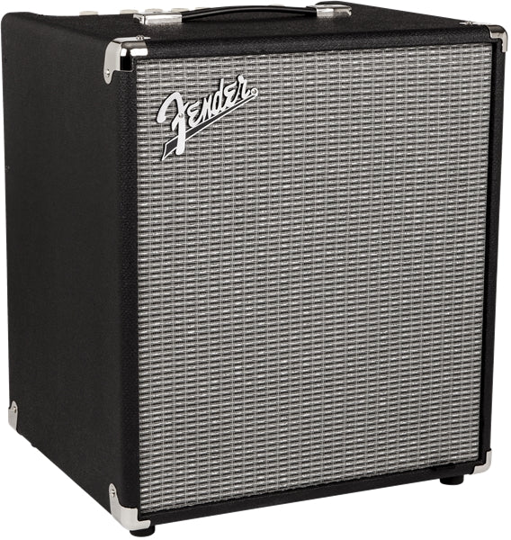 Fender Rumble 100 bass combo amp with silver grille and black tolex cabinet