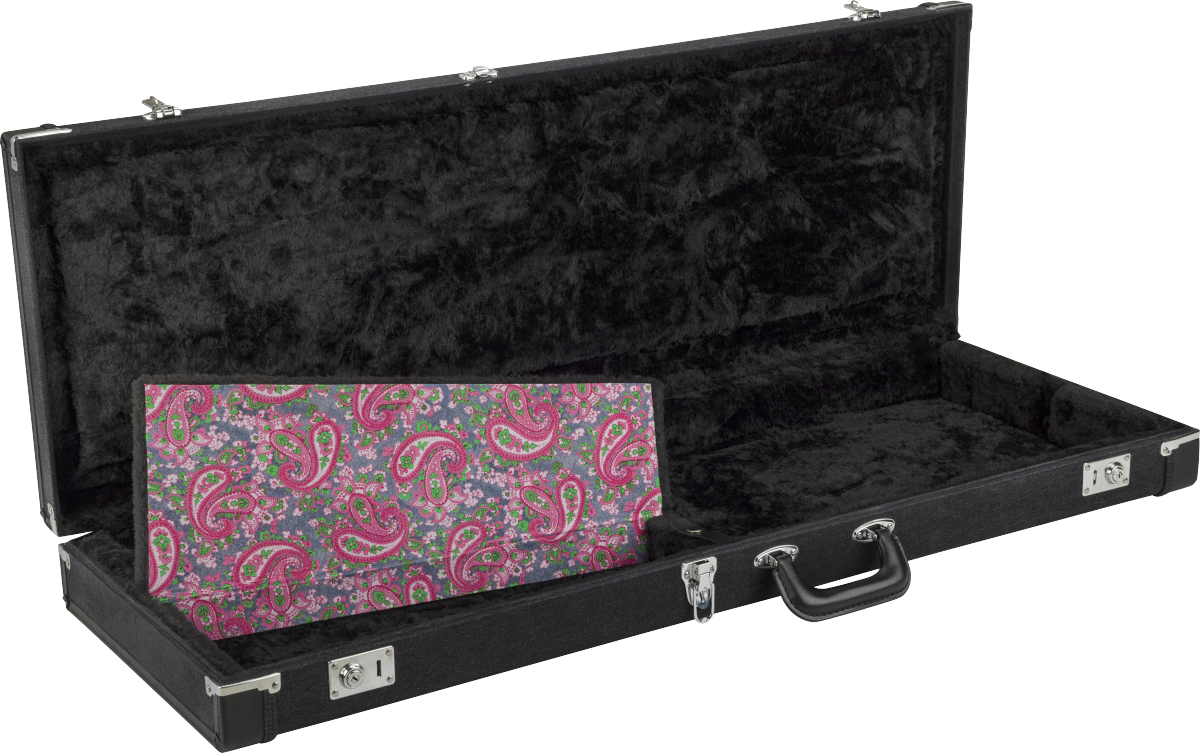 Fender x Wrangler Denim Case black guitar case with pink paisley interior lining