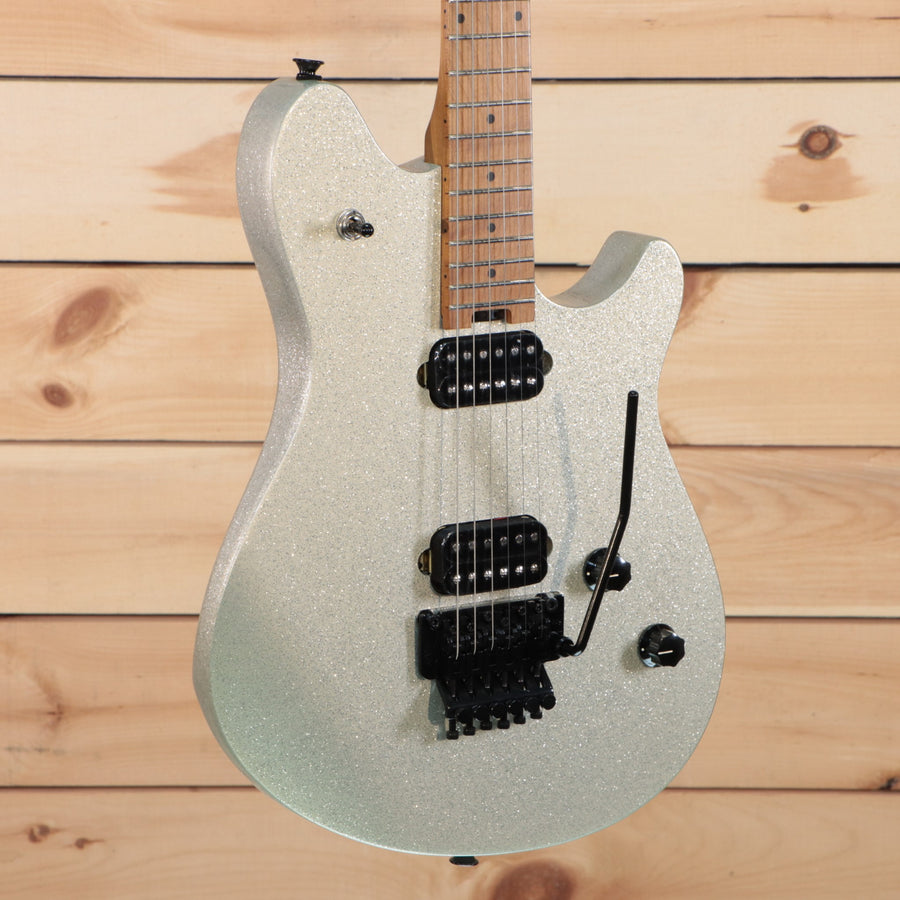 EVH Wolfgang WG Standard silver sparkle electric guitar with black Floyd Rose tremolo bridge
