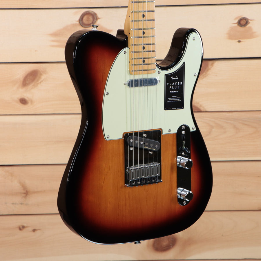 Fender Player Plus Telecaster electric guitar 3-Color Sunburst with mint green pickguard and maple neck