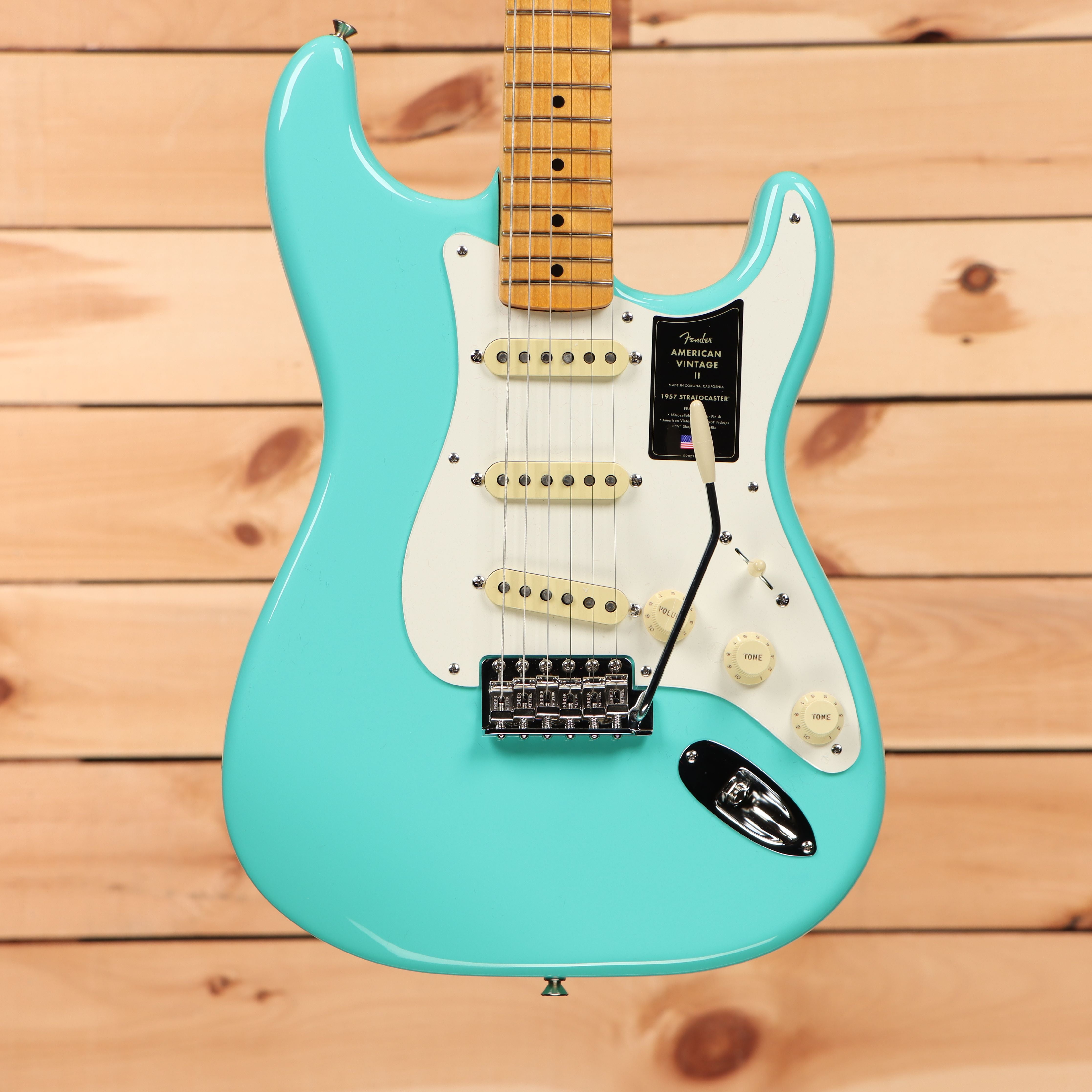 Fender American Vintage II 1957 Stratocaster electric guitar Surf Green with maple neck and single-coil pickups