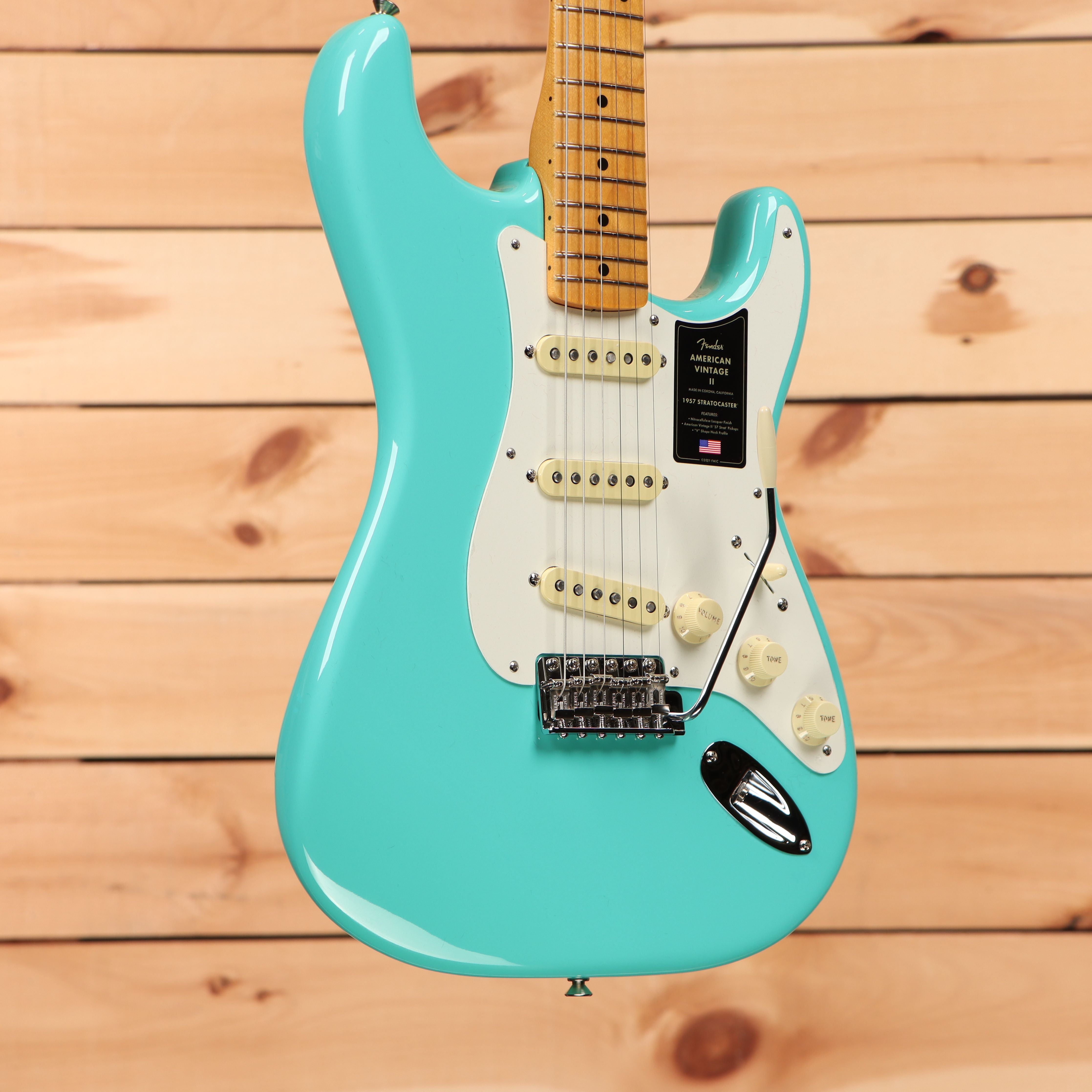 Fender American Vintage II 1957 Stratocaster electric guitar Surf Green with three single-coil pickups