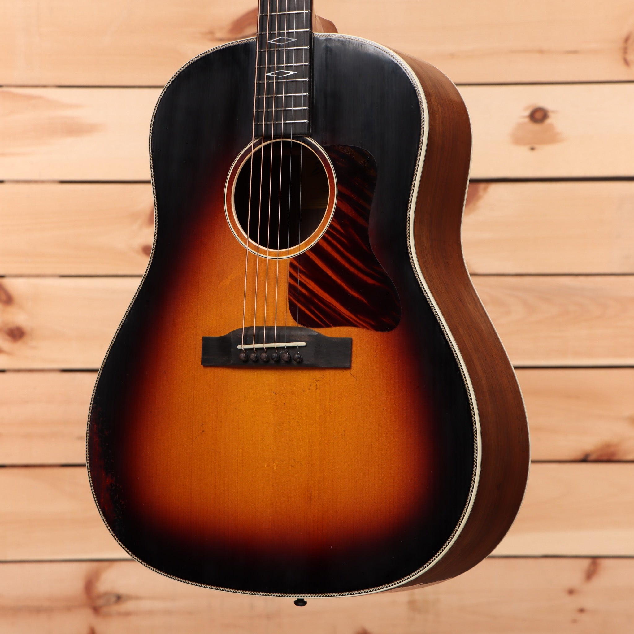 Eastman E22SS dreadnought acoustic guitar sunburst finish with white binding and flamed maple back