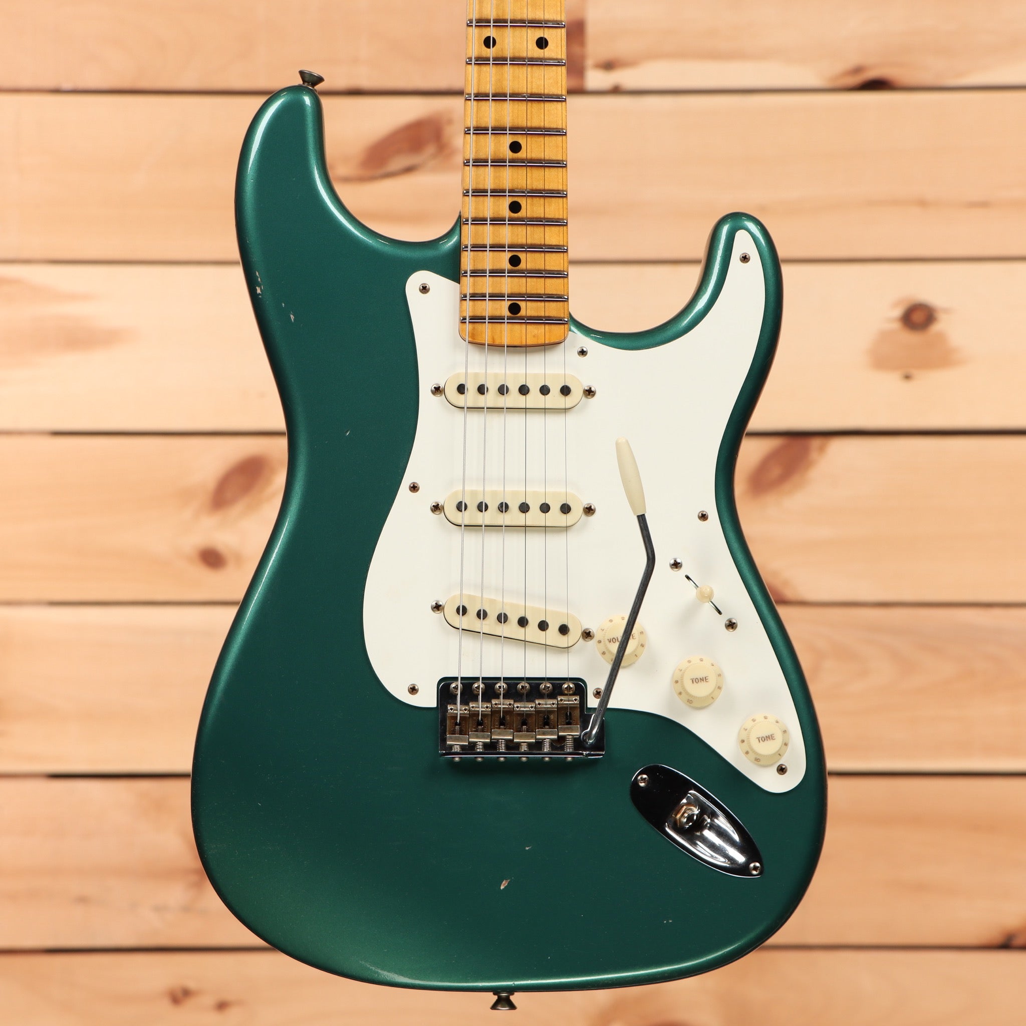 Fender Custom Shop 1956 Stratocaster Journeyman Relic Aged Sherwood Green Metallic electric guitar with vintage single-coil pickups