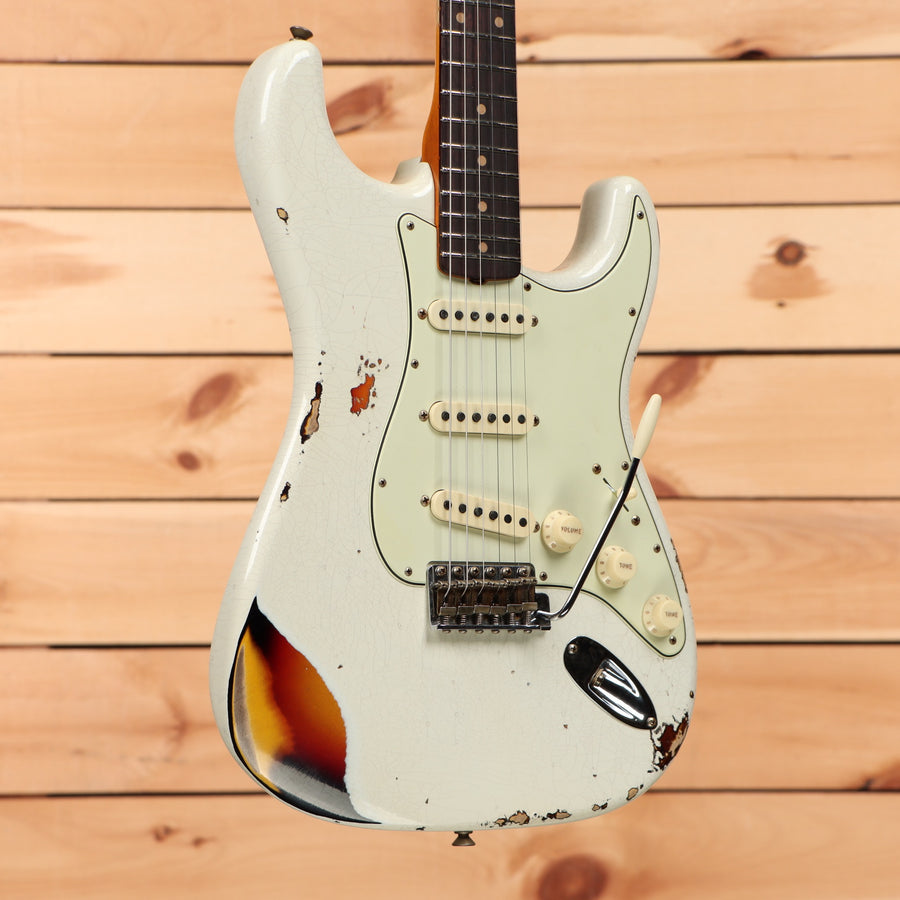 Fender Custom Shop 1960 Stratocaster heavy relic electric guitar Olympic White with aged sunburst burst and single-coil pickups