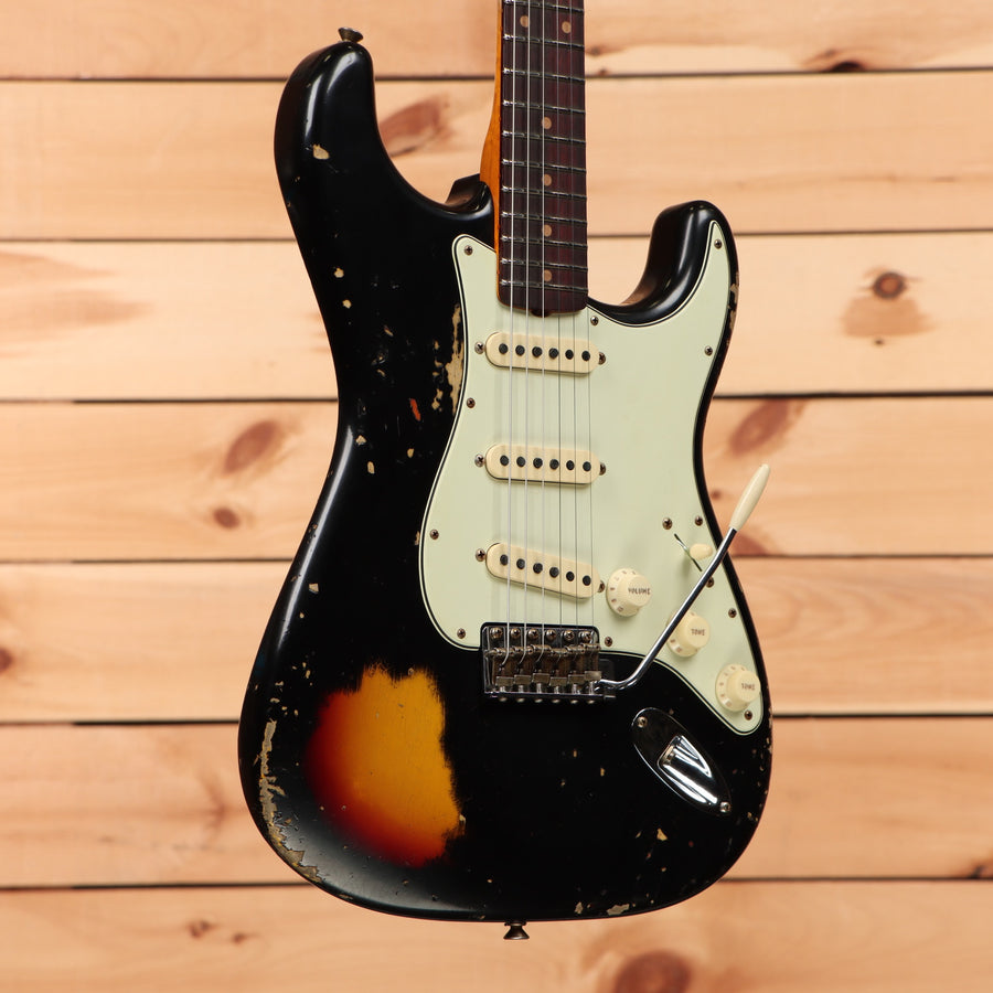 Fender Custom Shop 1960 Stratocaster electric guitar heavy relic aged black over 3-color sunburst with single-coil pickups