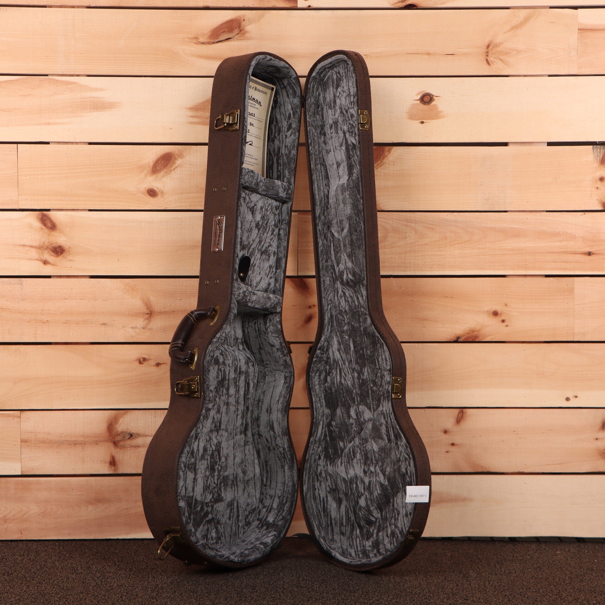 Eastman SB59-V semi-hollow body electric guitar black with brown leather case and gray crushed velvet interior