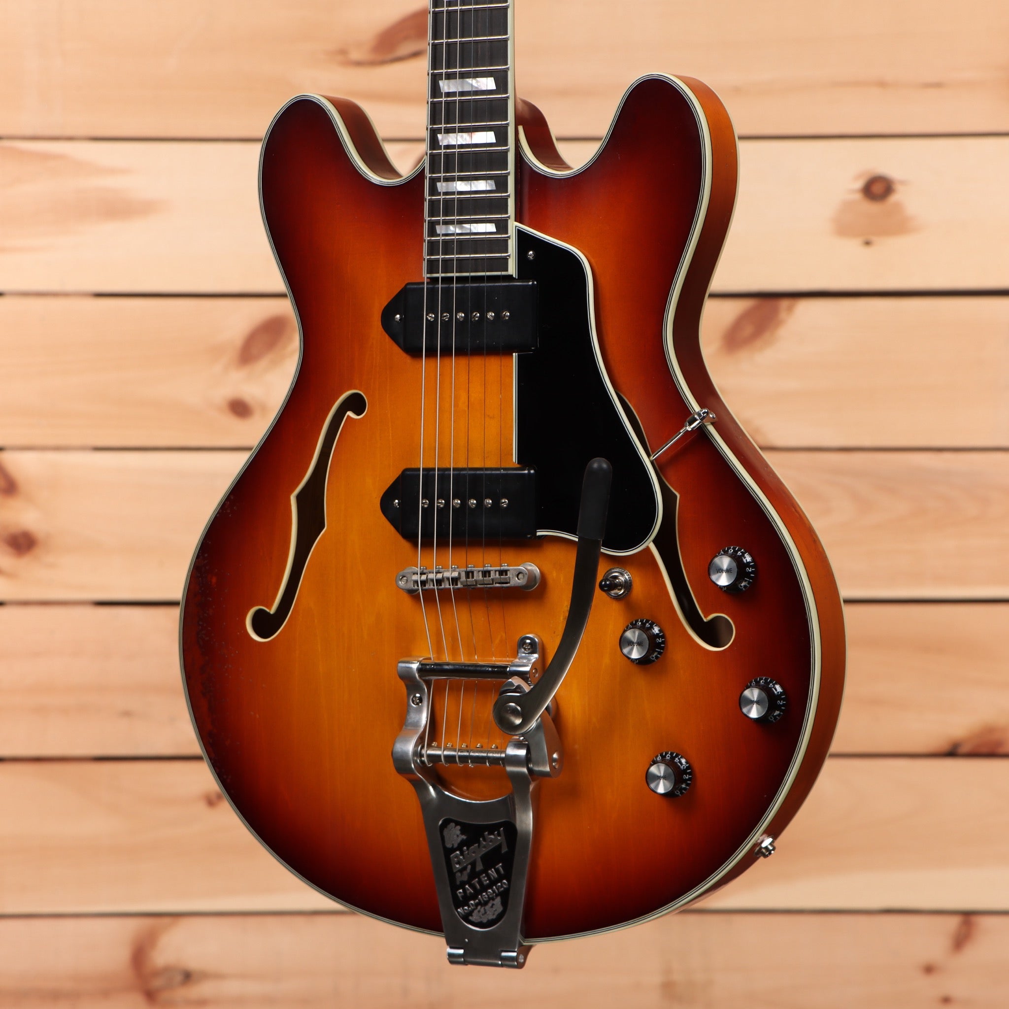 Eastman T64-V semi-hollow electric guitar Antique Goldburst with dual humbuckers and bigsby-style tremolo bridge
