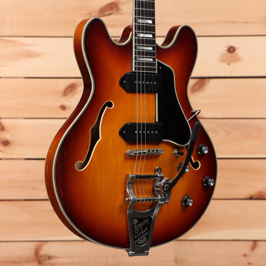 Eastman T64-V semi-hollow body electric guitar Antique Goldburst with f-holes and dual humbucker pickups
