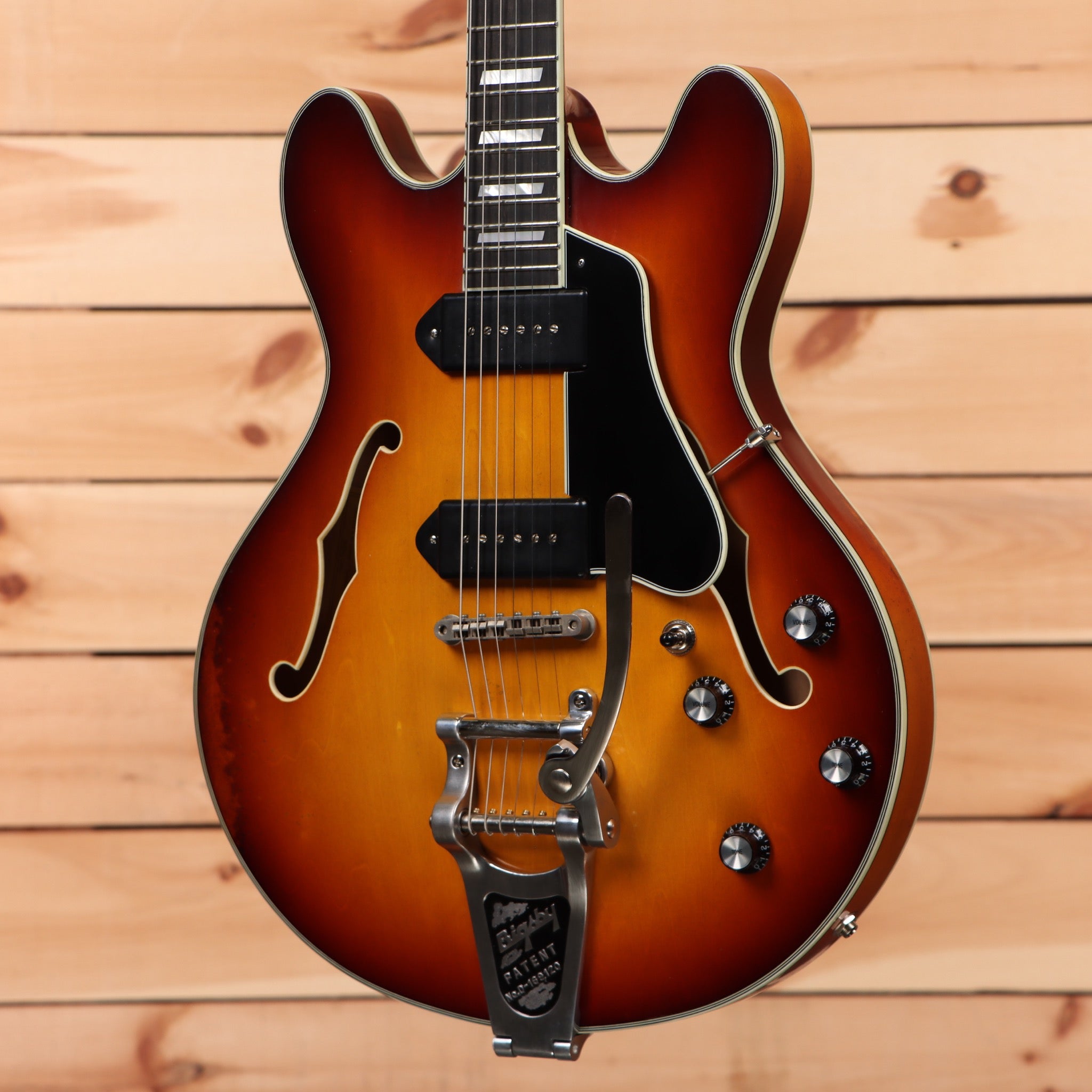 Eastman T64-V semi-hollow body electric guitar Antique Goldburst with f-holes and dual humbuckers