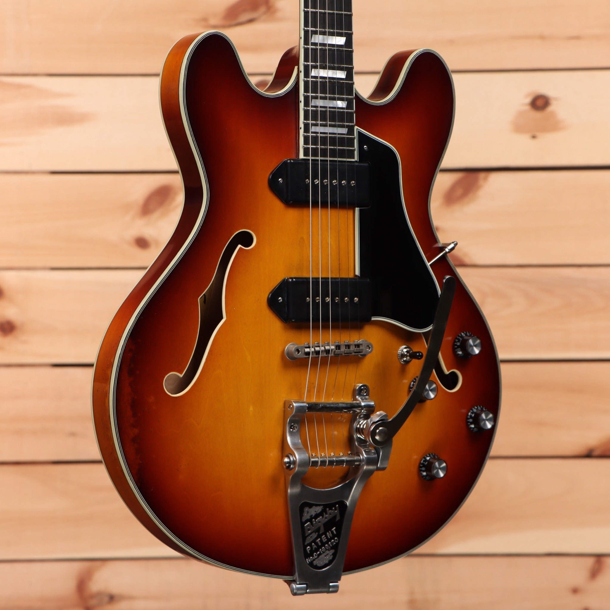 Eastman T64-V semi-hollow body electric guitar Antique Goldburst with dual humbucker pickups