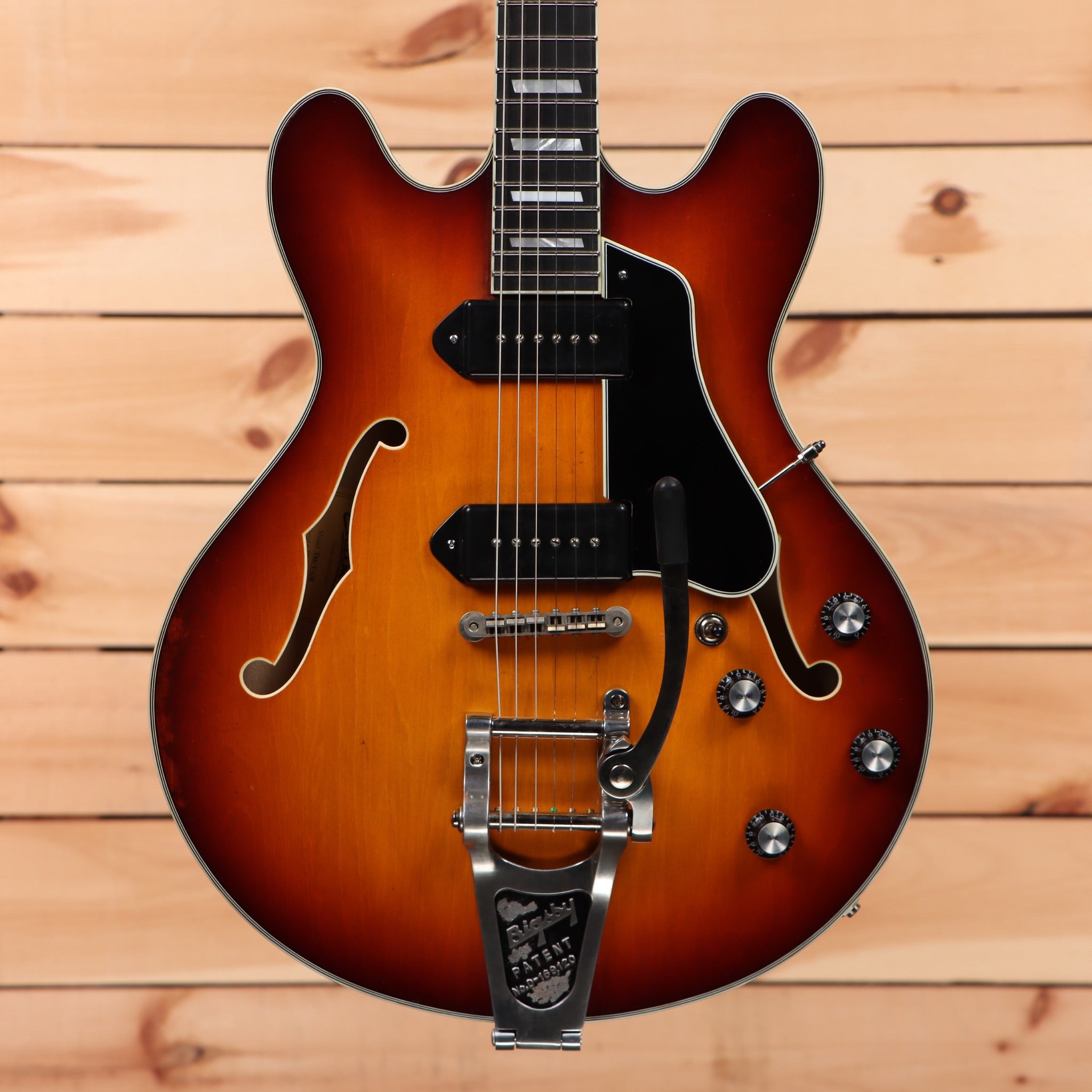 Eastman T64-V semi-hollow body electric guitar Antique Goldburst with f-holes and dual humbuckers