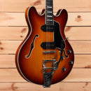 Eastman T64-V semi-hollow body electric guitar Antique Goldburst with f-holes and dual humbucker pickups