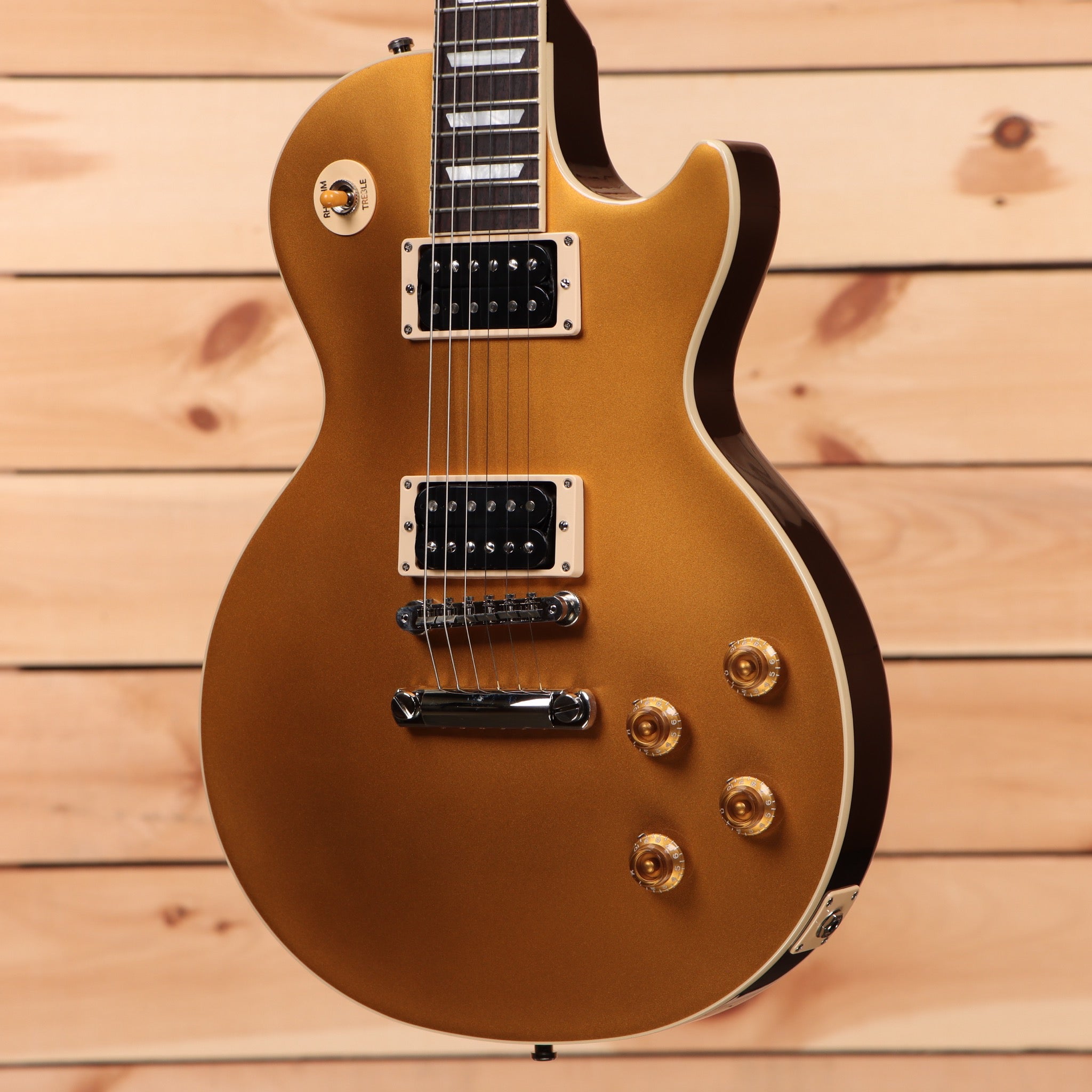 Gibson Slash Victoria Les Paul Standard Goldtop electric guitar with dual humbucker pickups and gold hardware