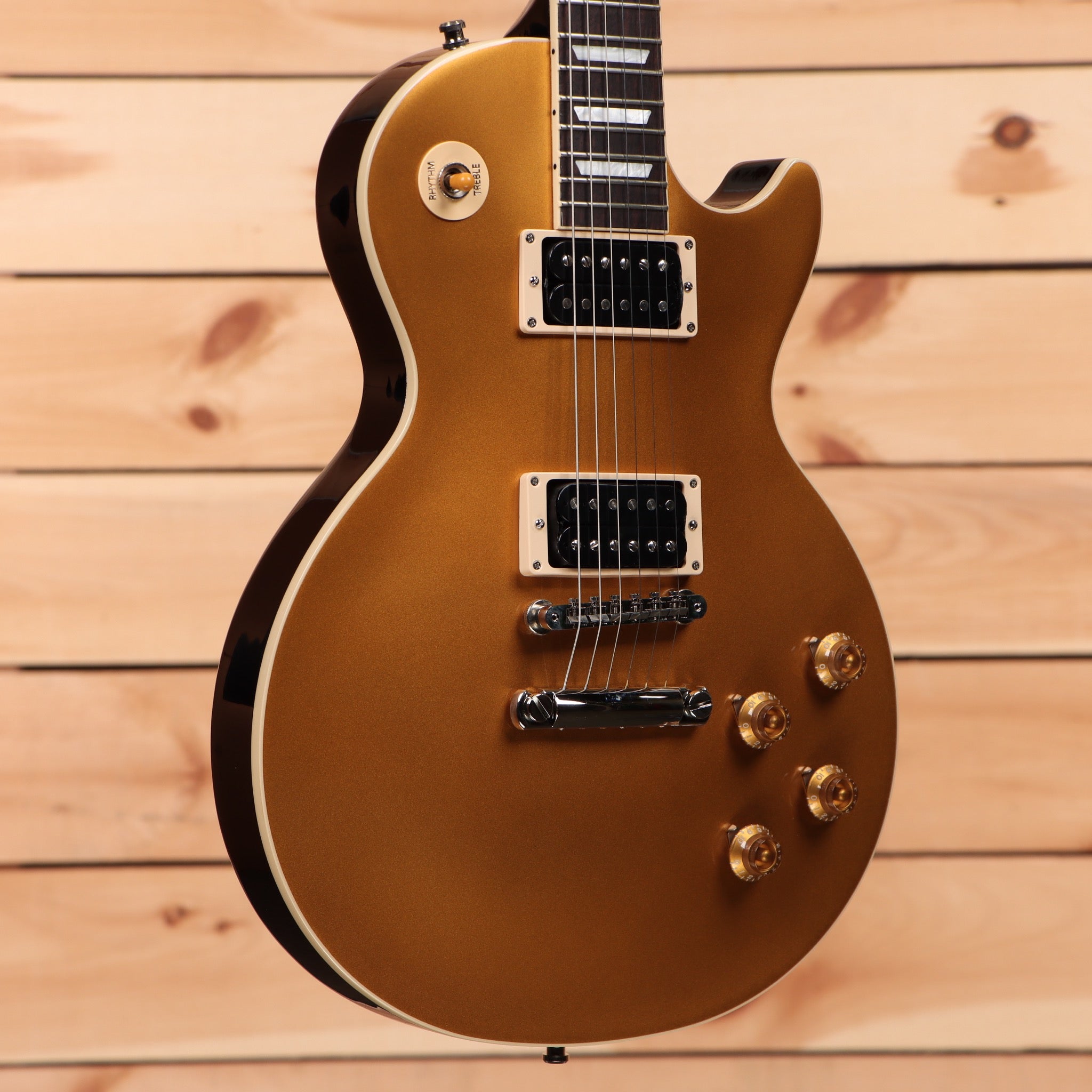 Gibson Slash Victoria Les Paul Standard Goldtop electric guitar with dual humbucker pickups and gold hardware
