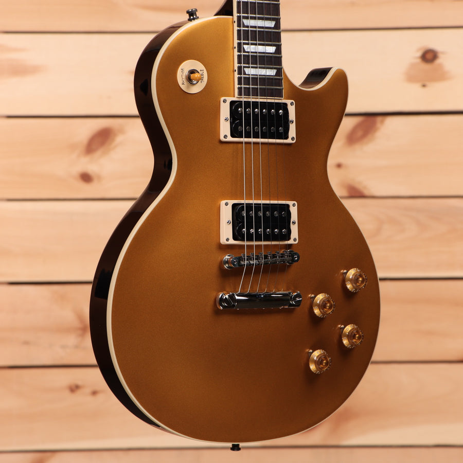 Gibson Slash Victoria Les Paul Standard Goldtop electric guitar with dual humbucker pickups and gold hardware