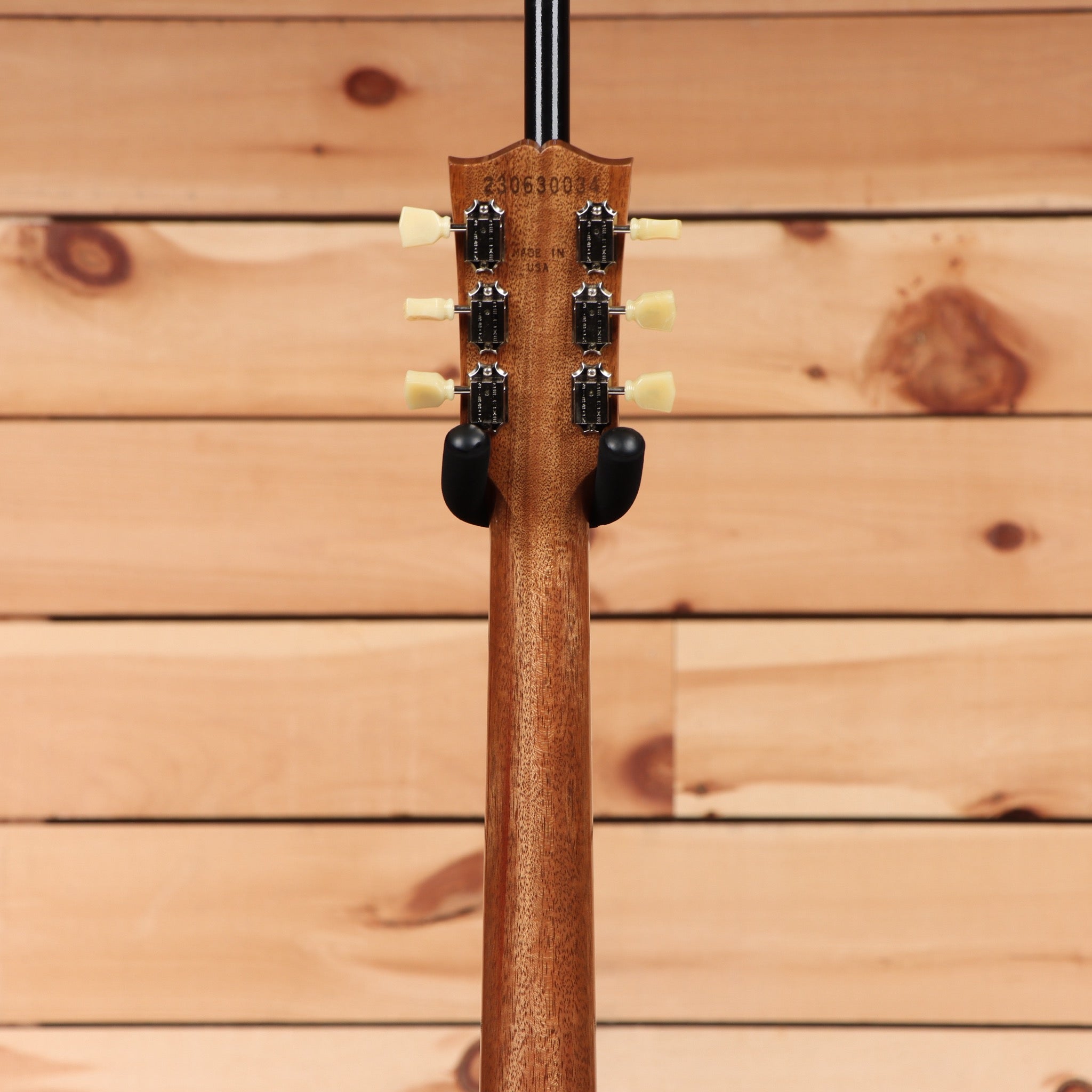 Gibson Les Paul Standard 50s P-90 Goldtop electric guitar back of mahogany neck and headstock with cream tuner buttons