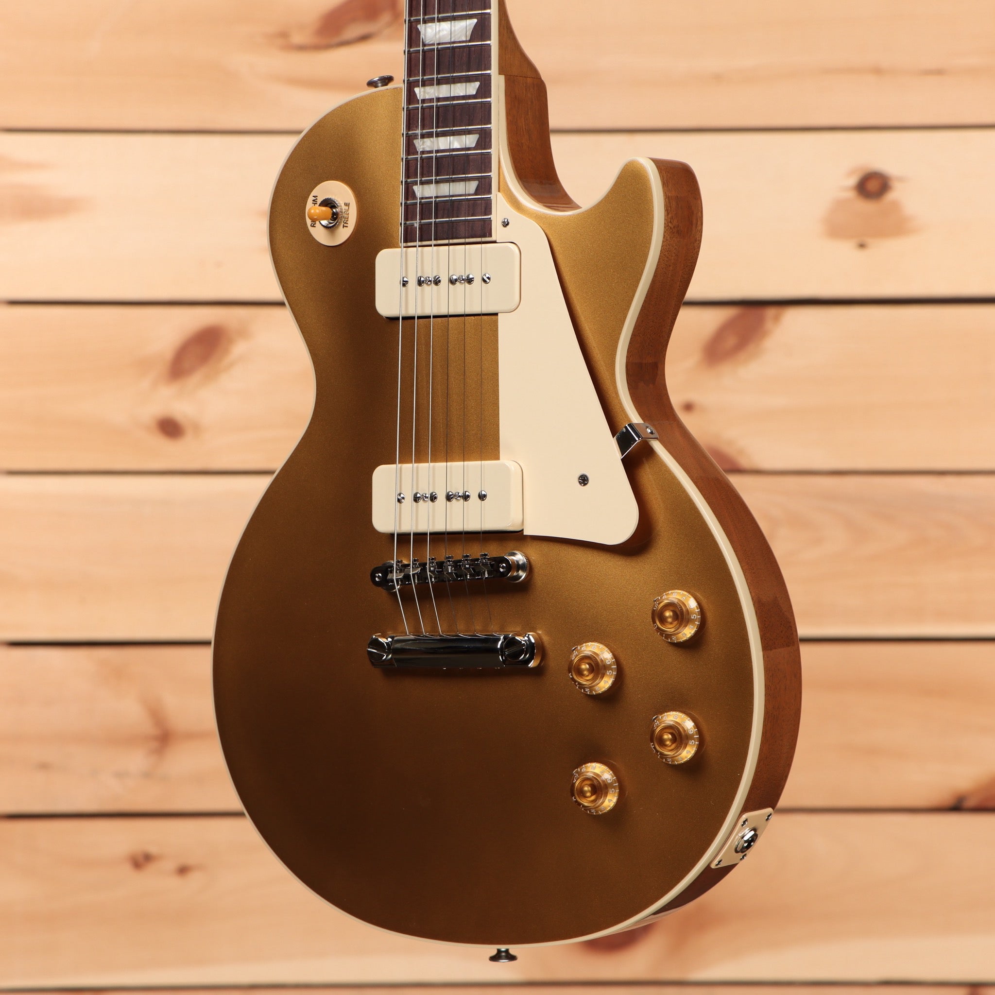 Gibson Les Paul Standard 50s P-90 electric guitar Goldtop finish with dual P-90 pickups and cream body binding