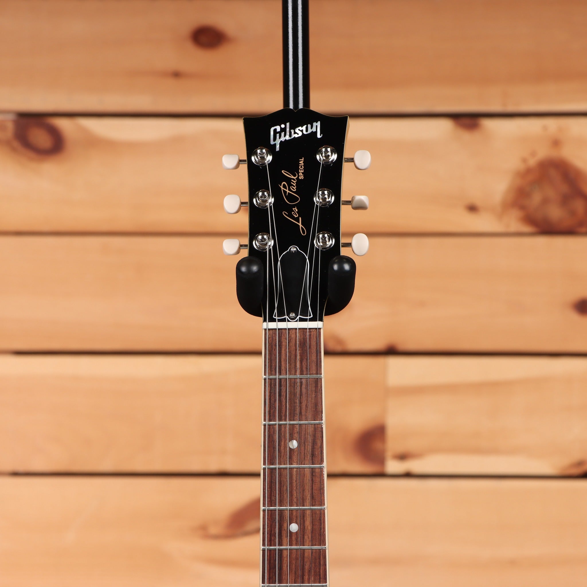 Gibson Les Paul Special electric guitar TV Yellow headstock detail with rosewood fretboard and cream tuner buttons