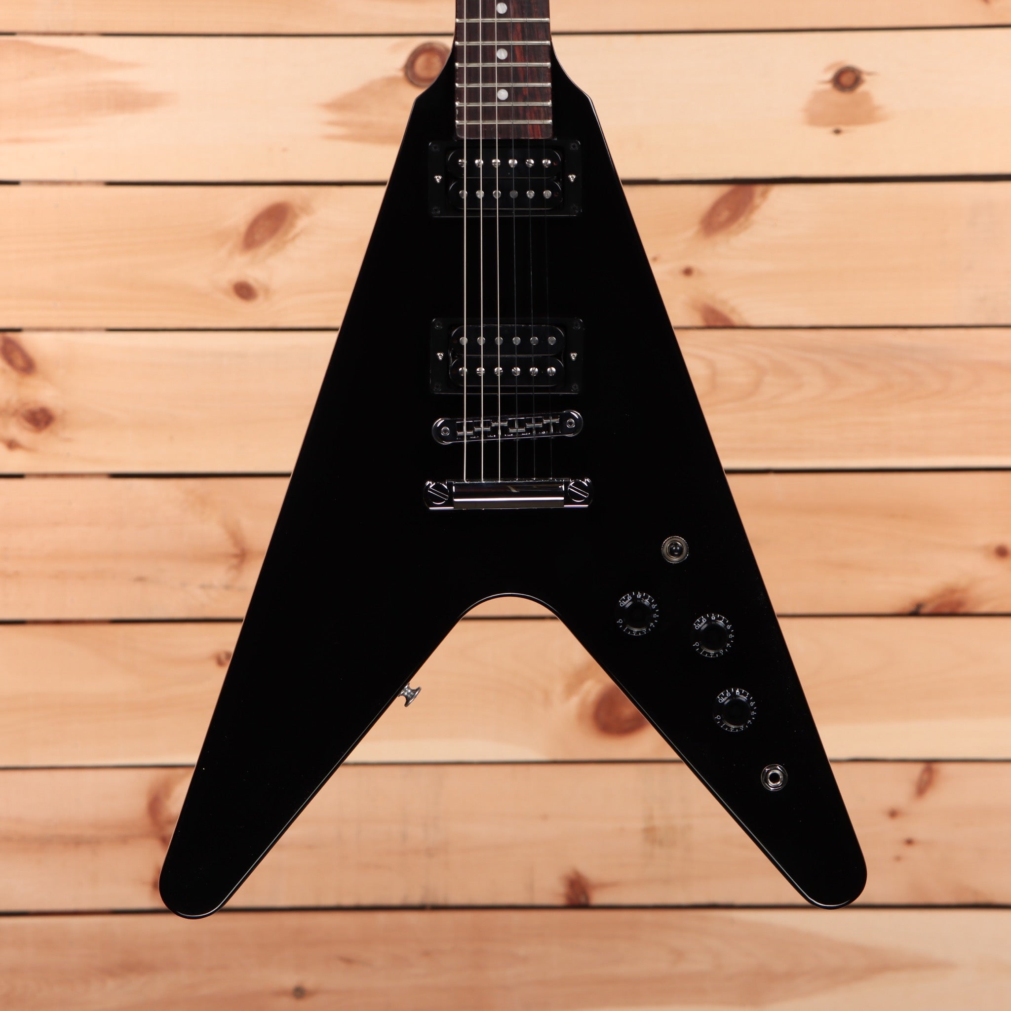 Gibson 80s Flying V Ebony electric guitar with dual humbuckers and black pickguard