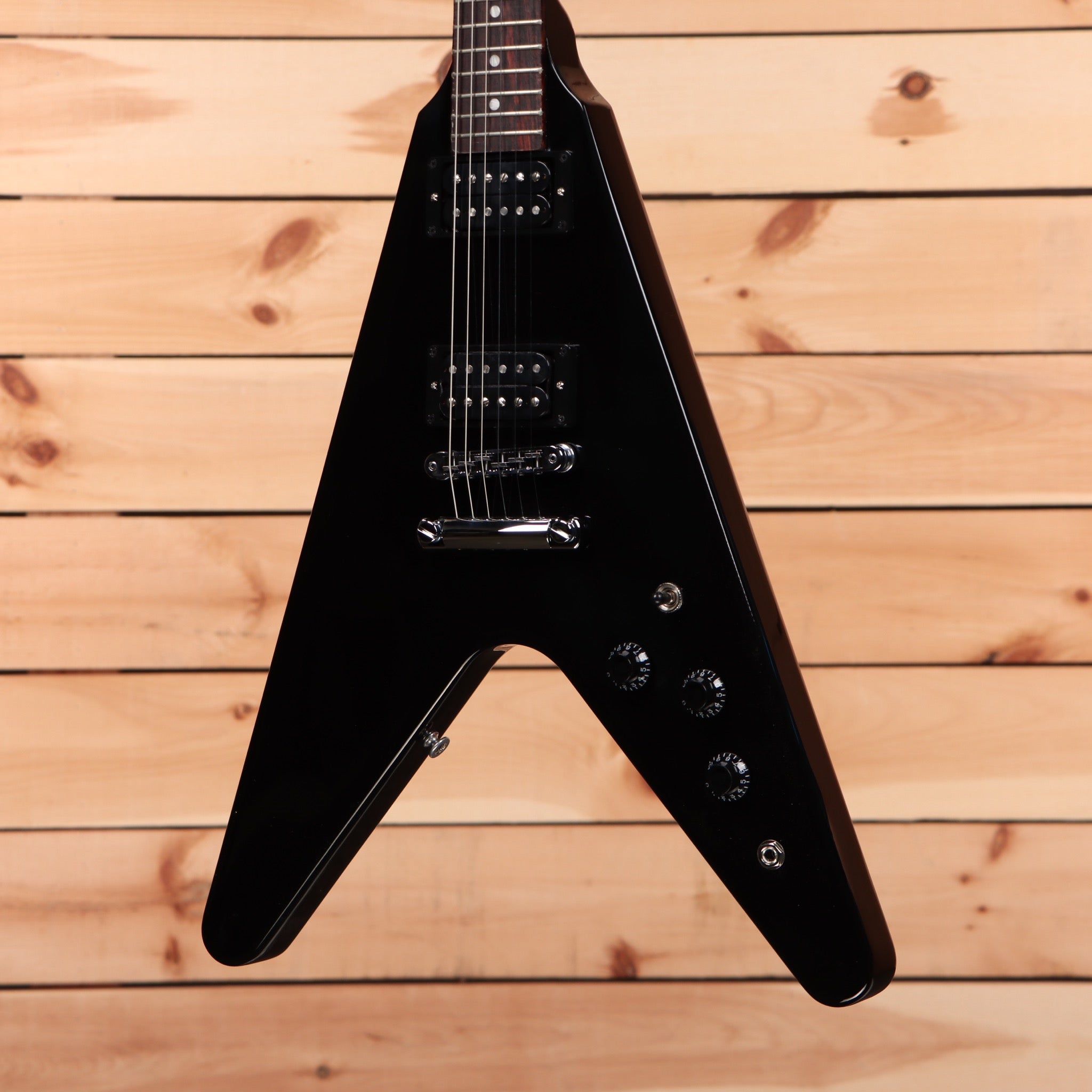 Gibson Flying V electric guitar Ebony black with dual humbucker pickups and angular body design