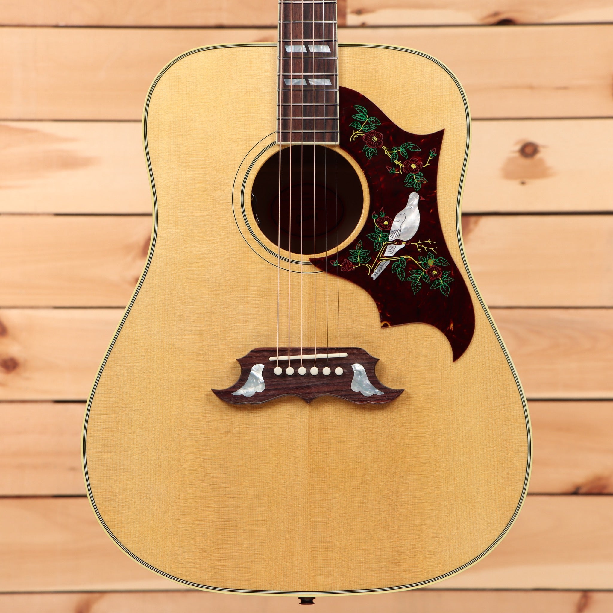 Gibson Dove Original dreadnought acoustic guitar Antique Natural with red back and inlaid bird pickguard