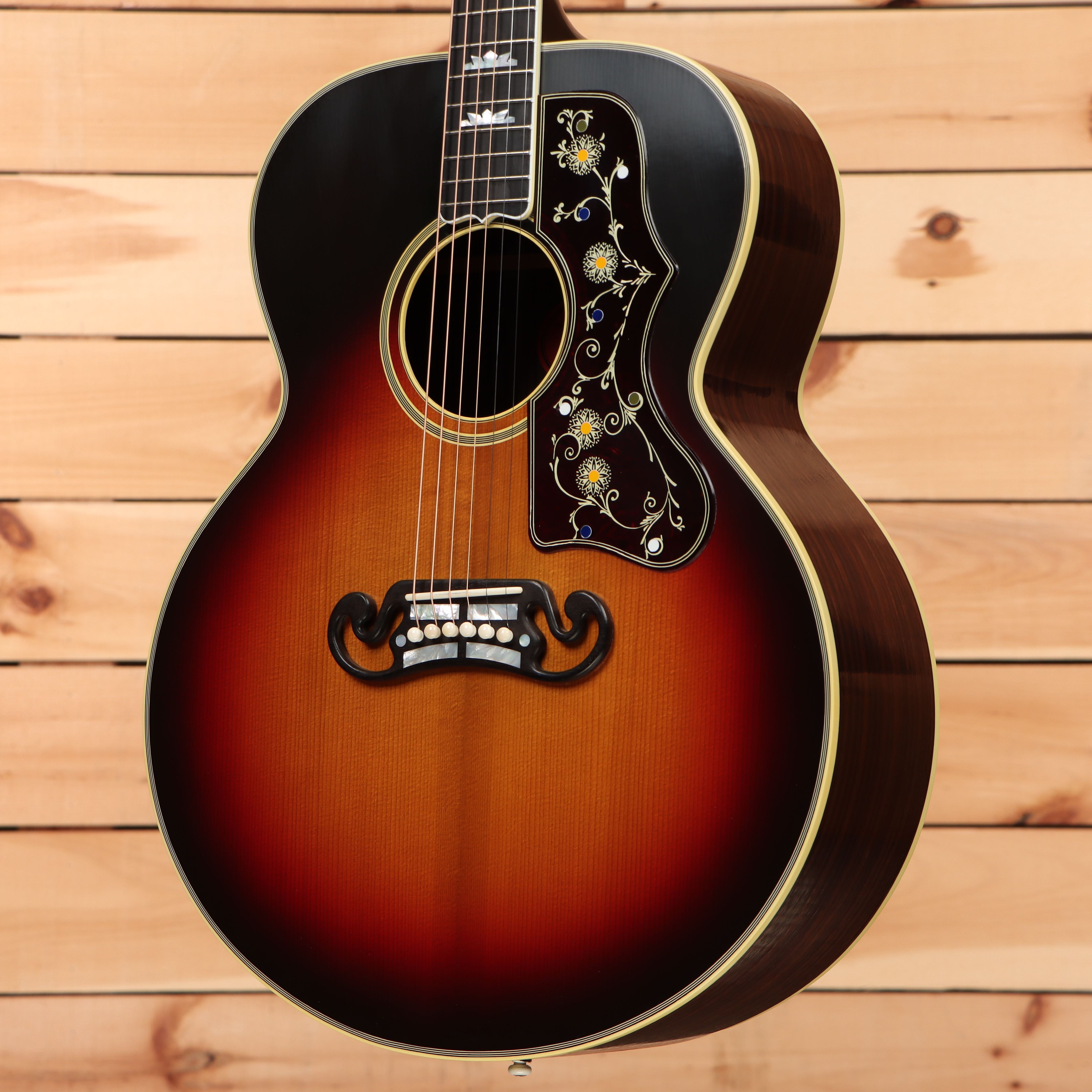 Gibson Prewar SJ200 jumbo acoustic guitar vintage sunburst with ornate pickguard and rosewood back