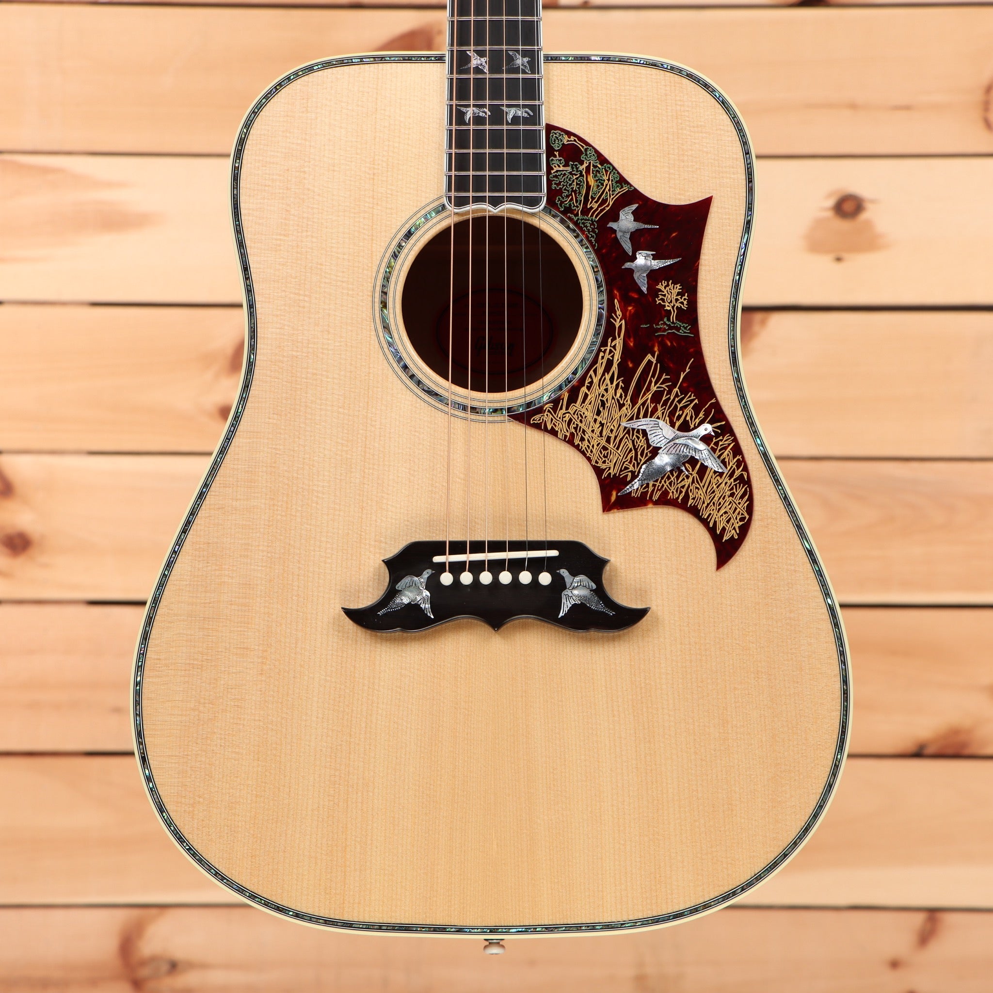 Gibson Doves in Flight dreadnought acoustic guitar antique natural with ornate pickguard inlay