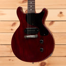 Gibson 1958 Les Paul Junior Double-Cut Reissue VOS Cherry Red electric guitar with P90 pickup and semi-hollow body design