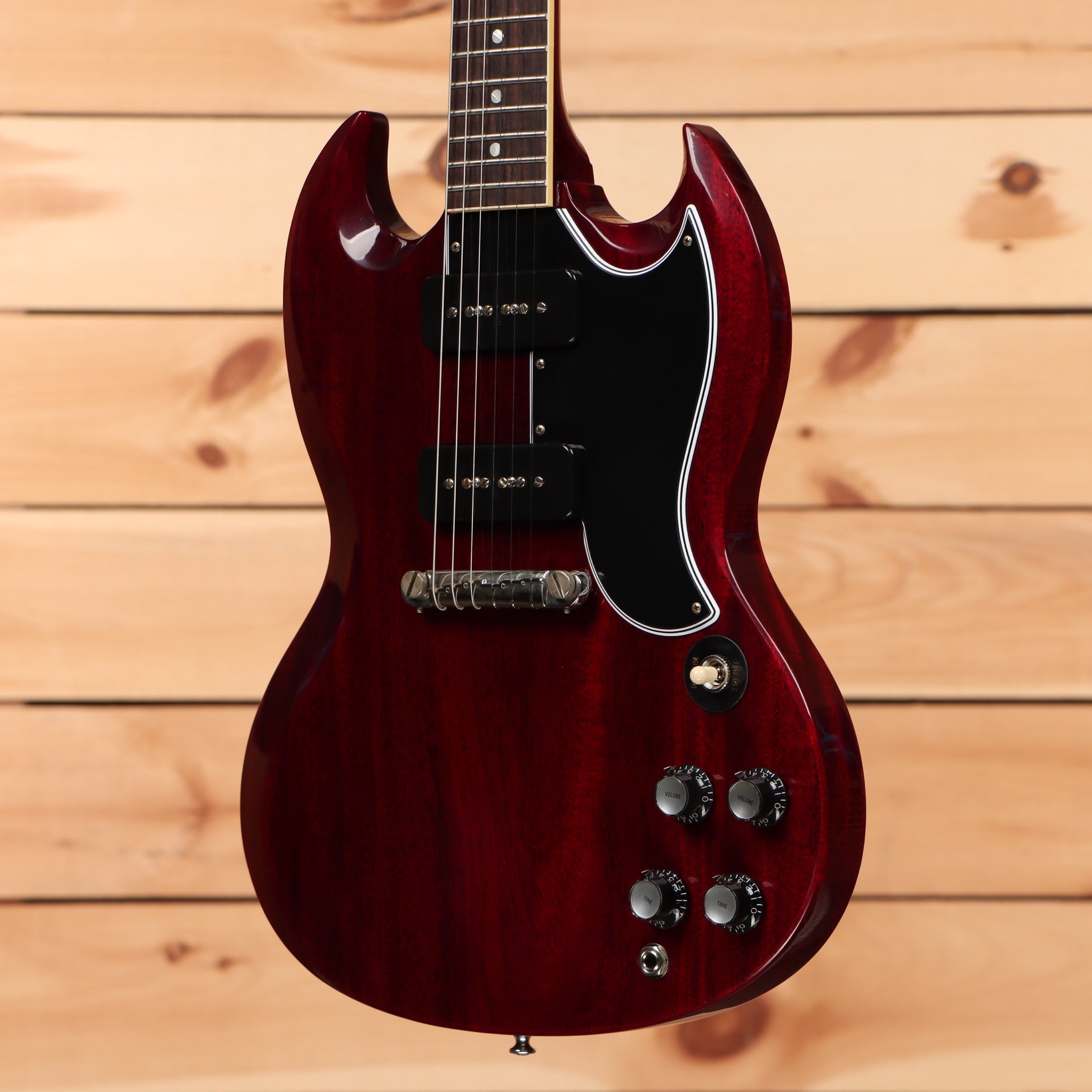 Gibson 1963 SG Special Reissue electric guitar Cherry Red with dual humbuckers and lightning bar pickguard