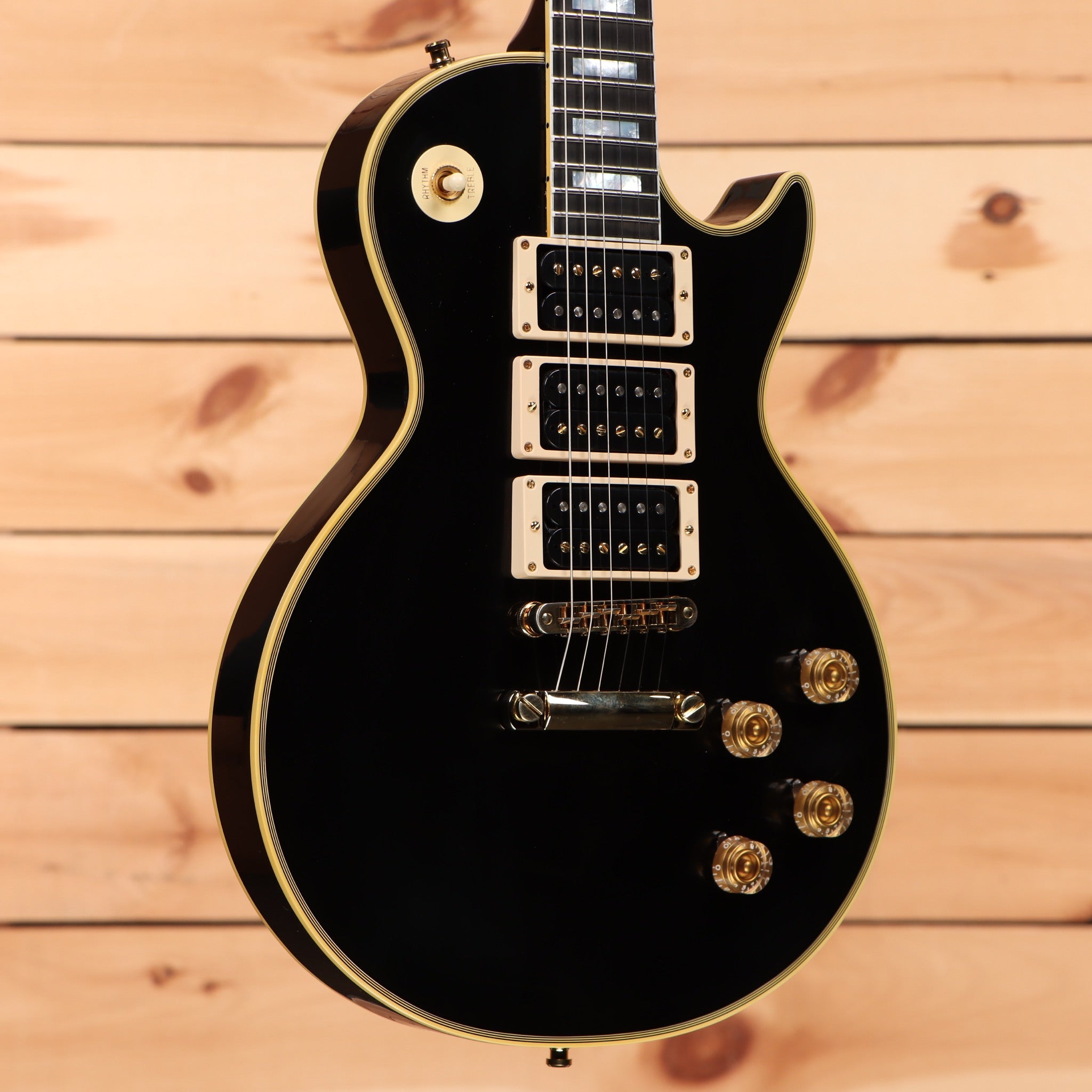 Gibson Peter Frampton Phenix Inspired Les Paul Custom VOS electric guitar Ebony with gold hardware and triple humbuckers
