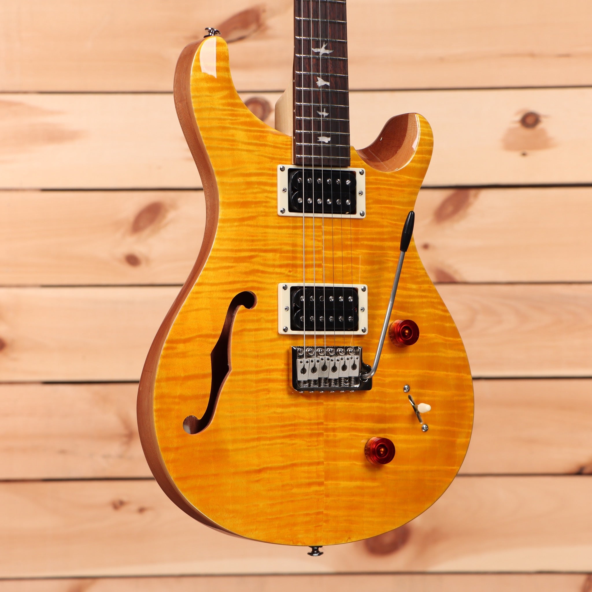 Paul Reed Smith SE Custom 22 semi-hollow electric guitar Santana Yellow with flamed maple top and dual humbuckers