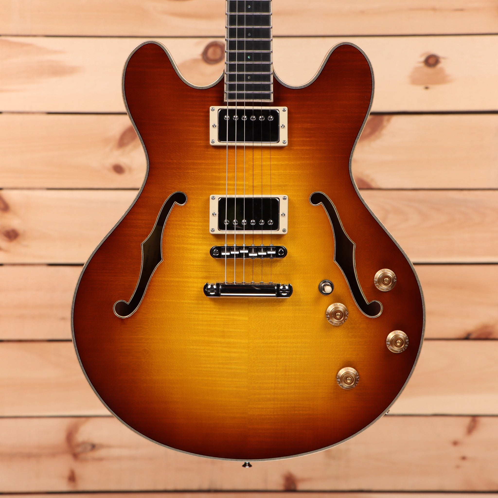 Eastman T186MX semi-hollow electric guitar Goldburst with dual humbucker pickups and f-holes