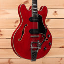 Eastman T64VRD semi-hollow body electric guitar antique red with dual black pickguard and f-holes
