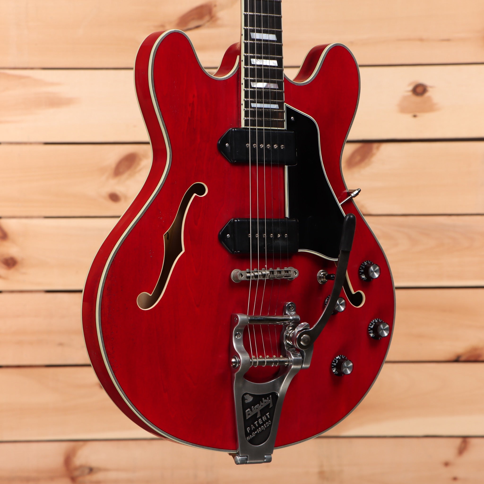 Eastman T64VRD semi-hollow body electric guitar antique red with dual black pickguard and f-holes