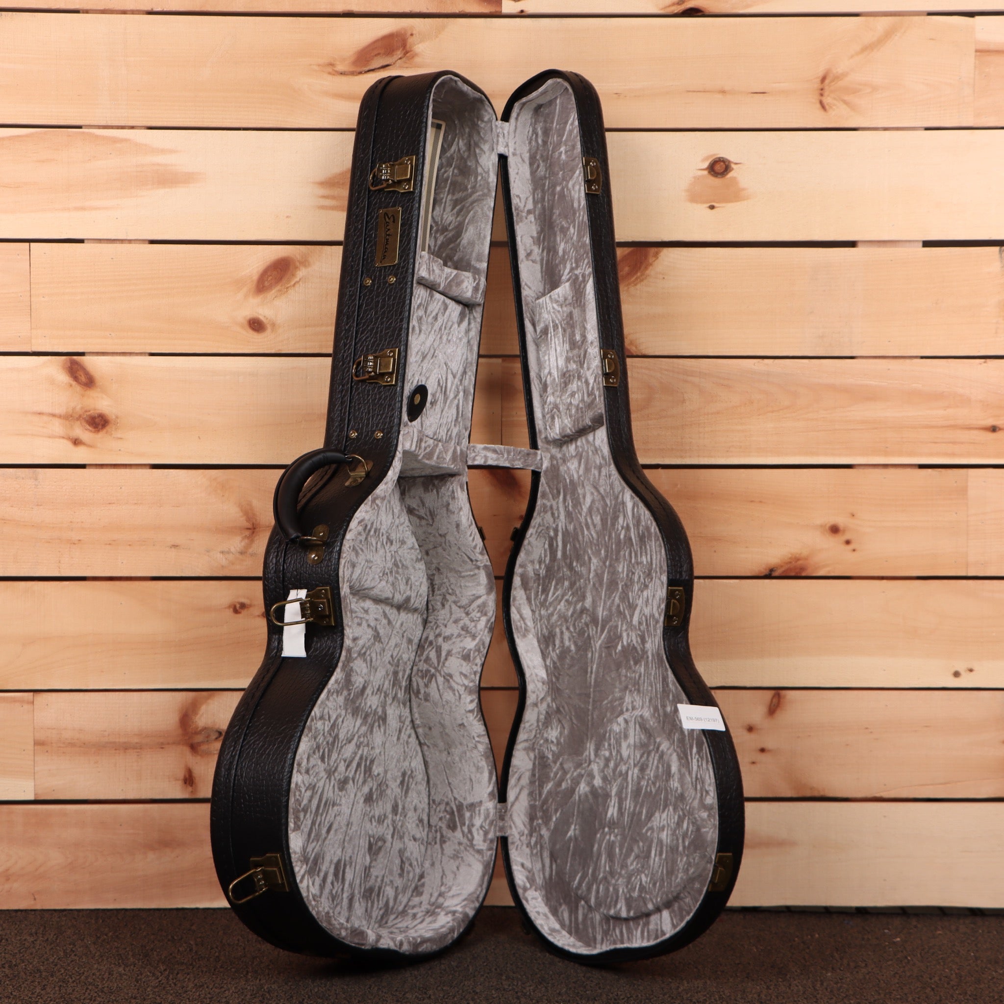 Eastman E20OM-TC dreadnought acoustic guitar natural finish with gray velvet interior case