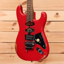 EVH Frankenstein Relic red electric Stratocaster guitar with Floyd Rose tremolo bridge
