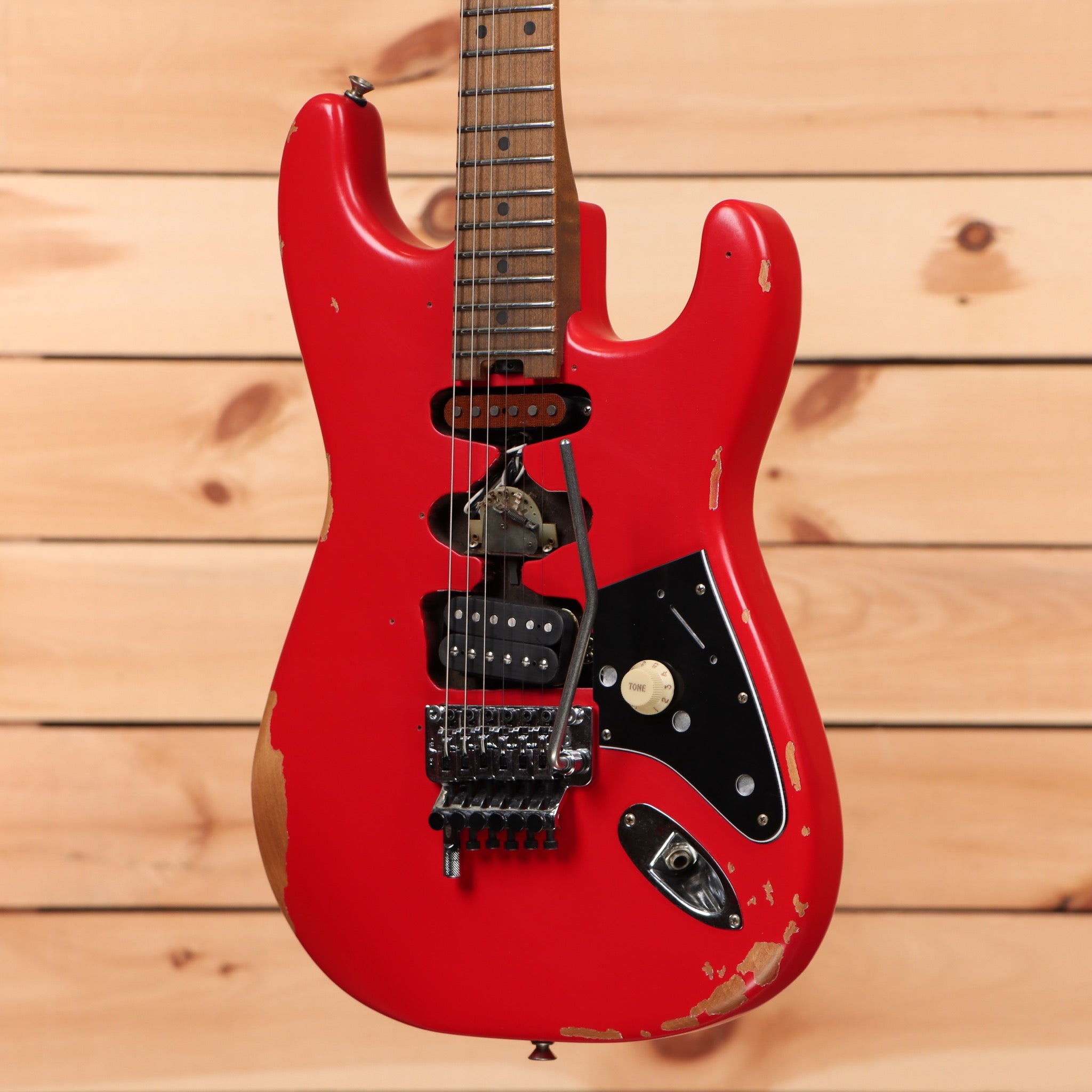 EVH Frankenstein Relic red electric Stratocaster guitar with Floyd Rose tremolo bridge