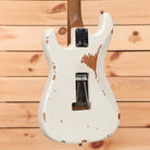 EVH Frankenstein Relic Series white electric guitar with relic finish and tremolo bridge