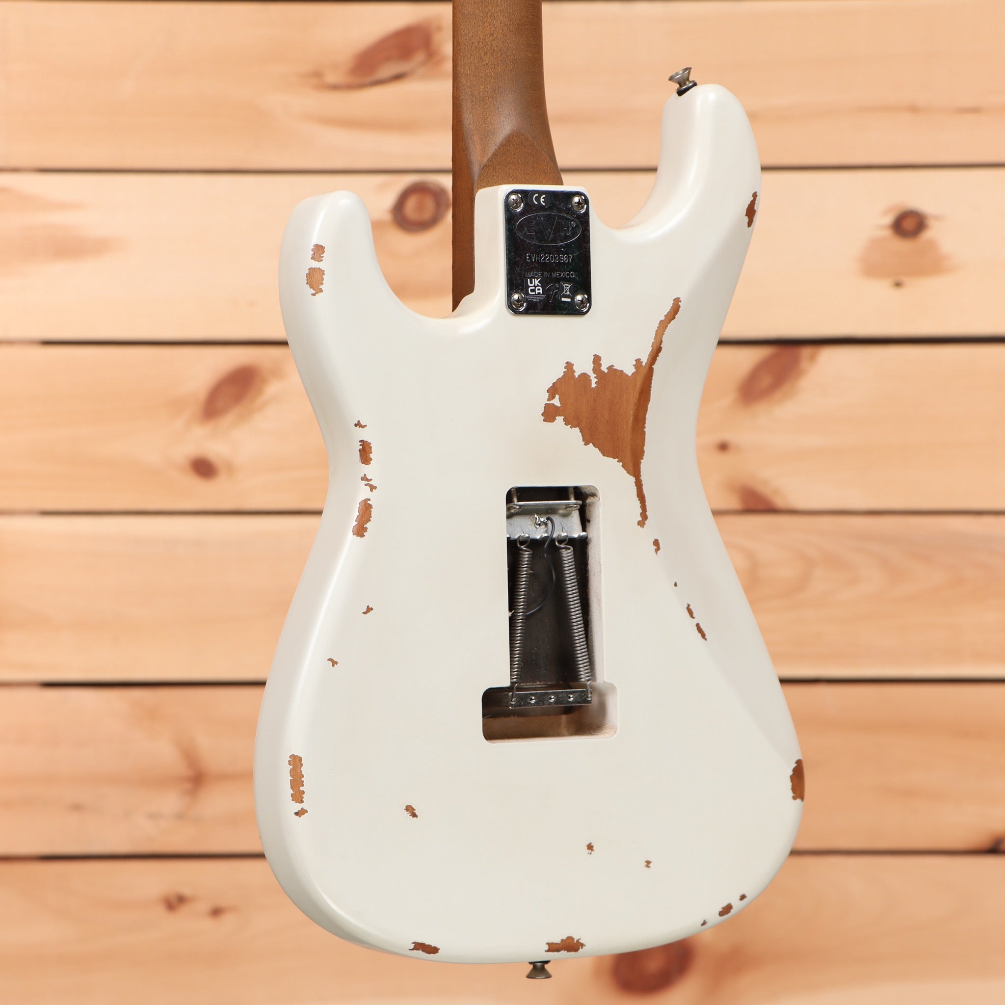 EVH Frankenstein Relic Series white electric guitar with relic finish and tremolo bridge