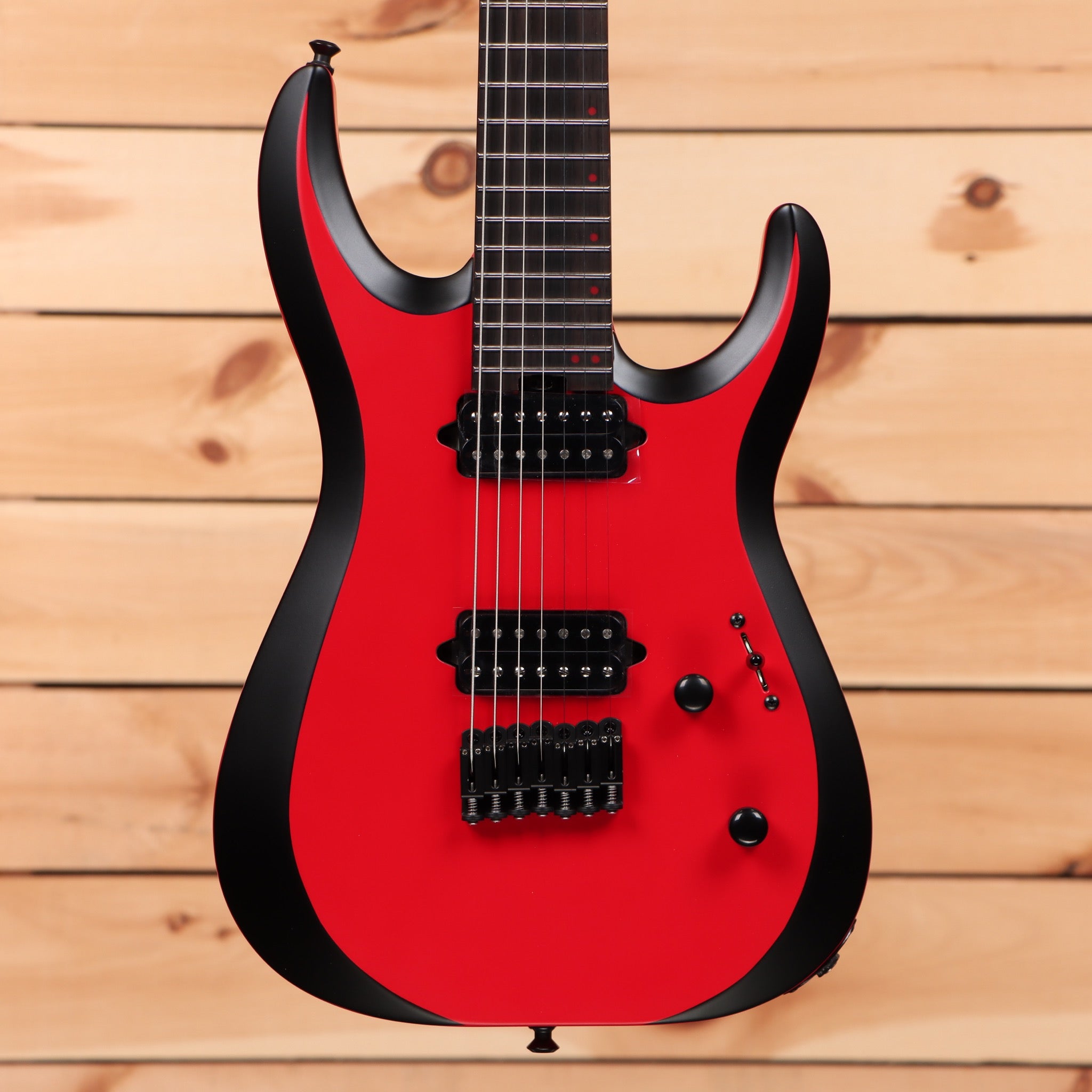 Jackson Pro Plus Series Dinky MDK7 HT electric guitar satin red with black bevels and dual humbuckers