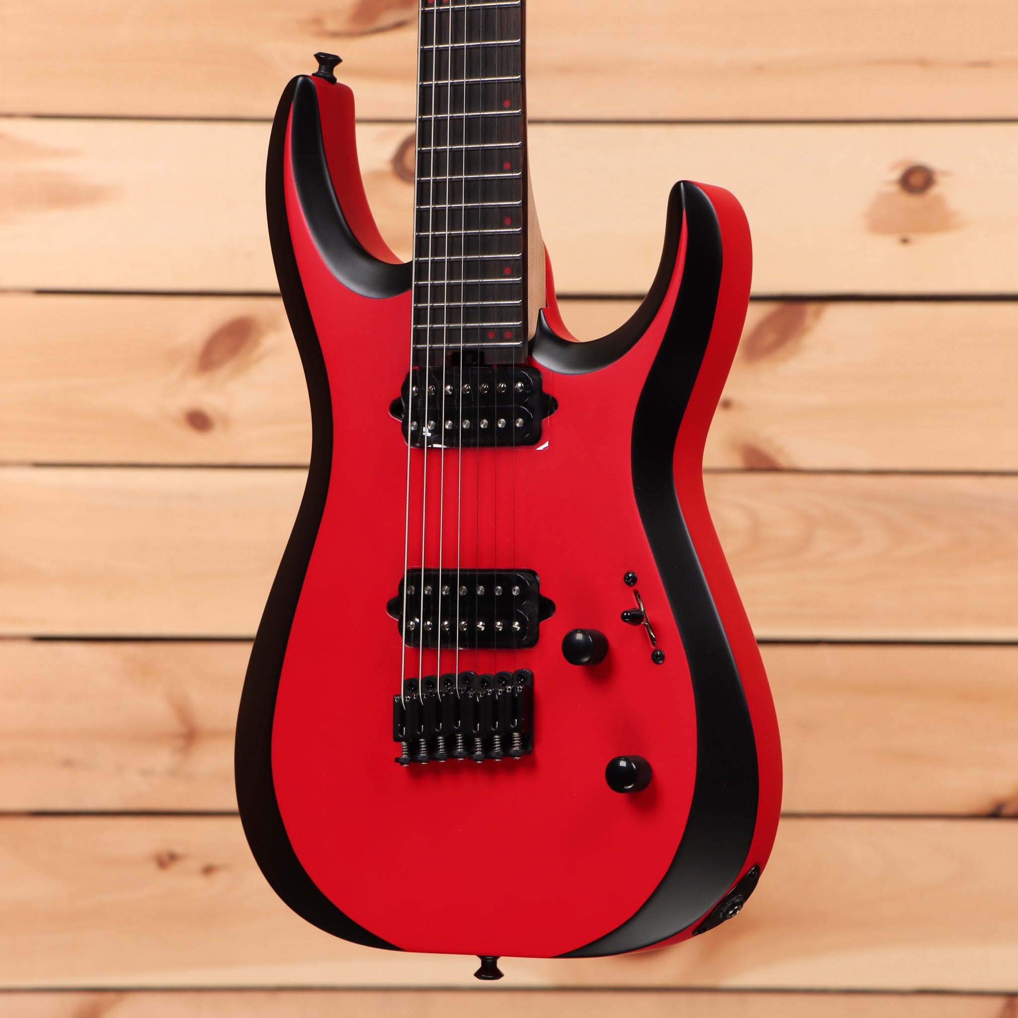 Jackson Pro Plus Series Dinky MDK7 HT electric guitar satin red with black bevels and dual humbuckers