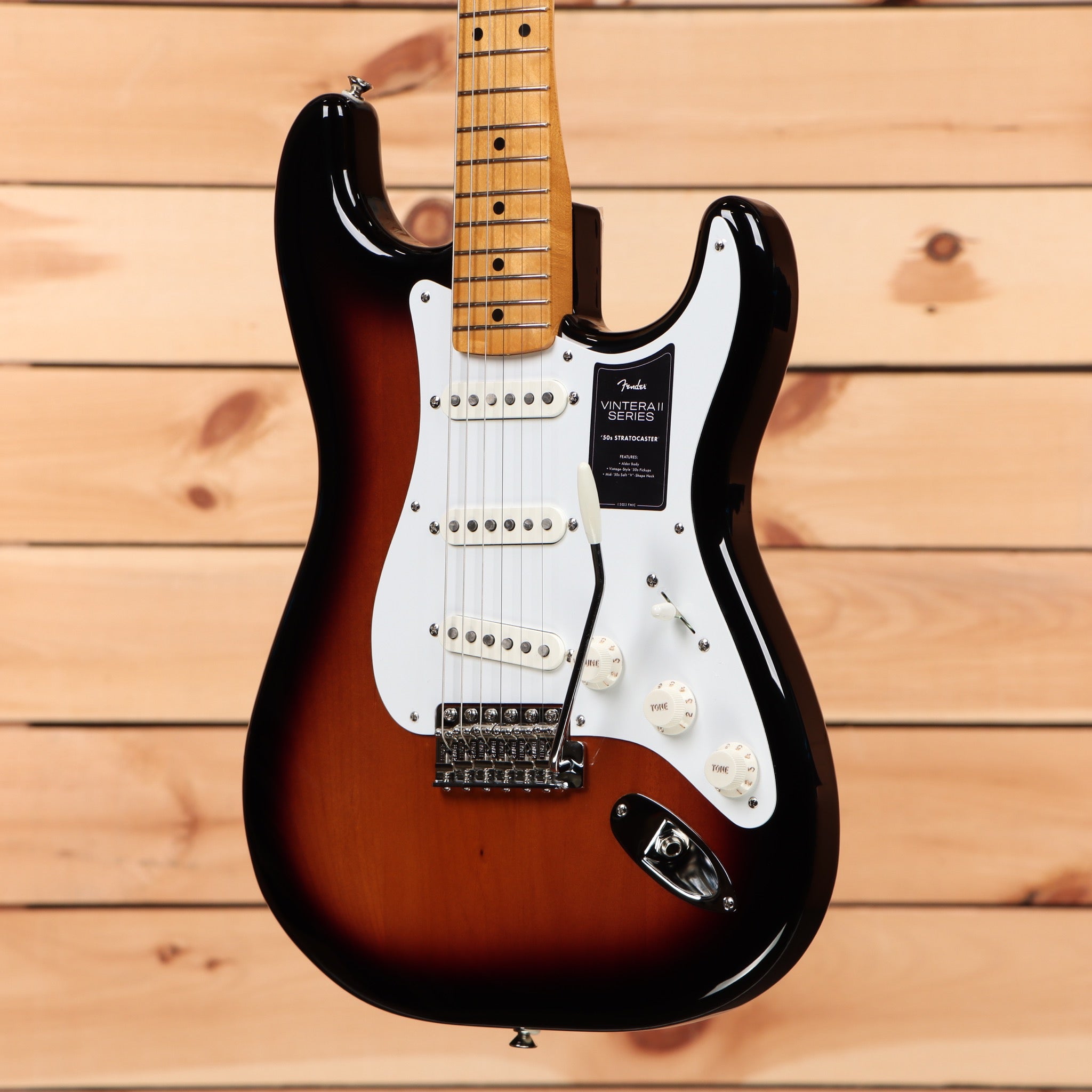 Fender Vintera II 50s Stratocaster electric guitar 2-Color Sunburst with white pickguard and maple neck